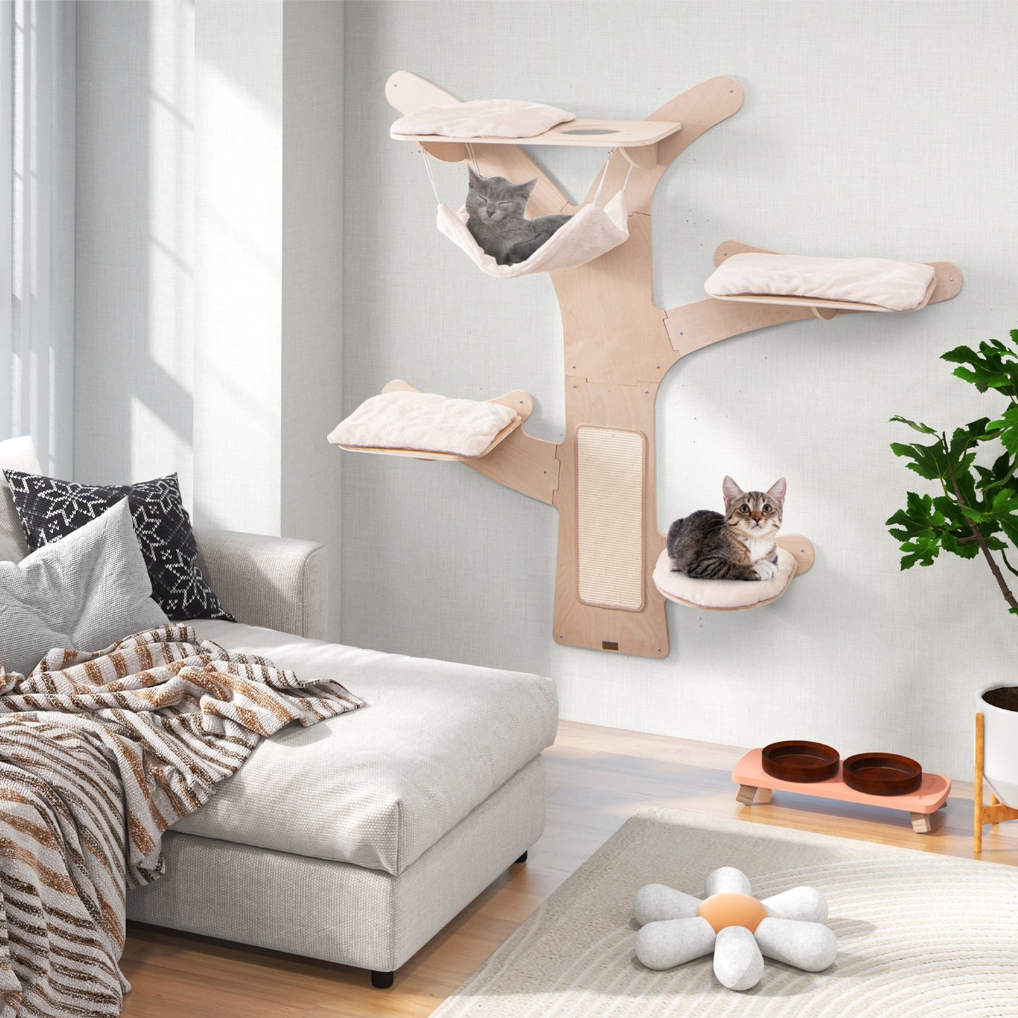 Wall-Mounted Cat Tower with Hammock Platforms and Sisal Scratching Mat, Natural Cat Trees Condos & Scratchers   at Gallery Canada