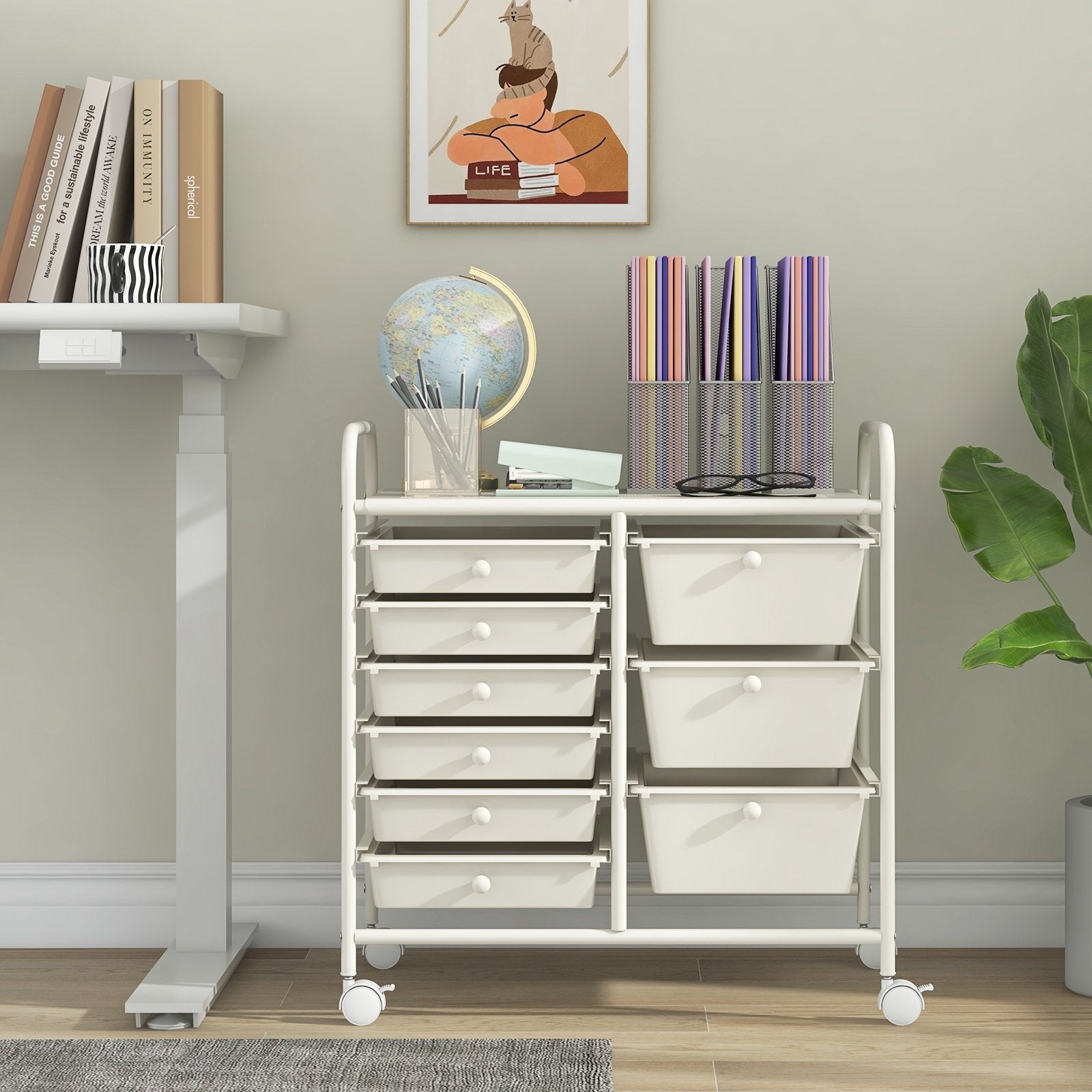 9-Drawer Rolling Storage Cart with Colorful Drawers and Metal Frame, White File Cabinets at Gallery Canada