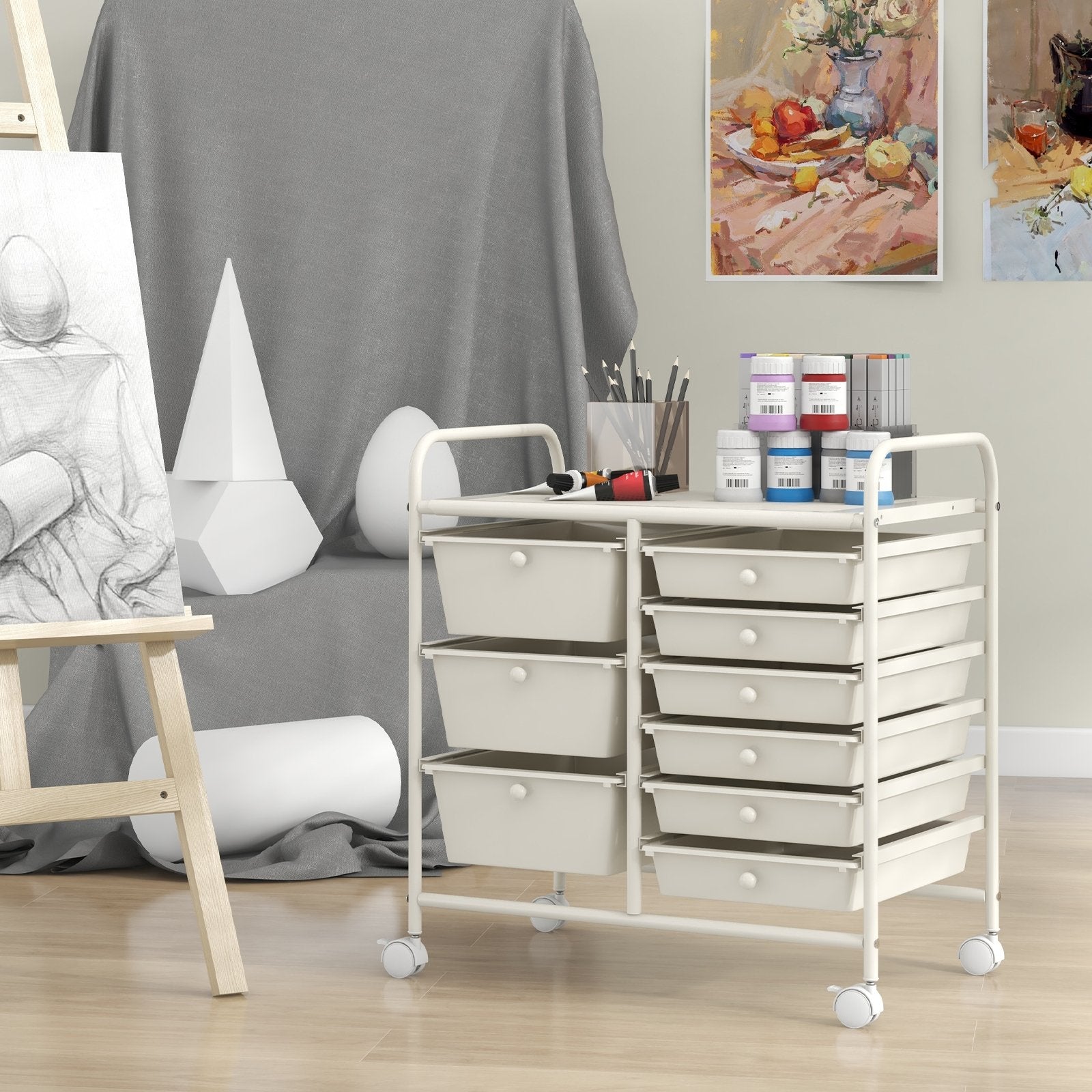 9-Drawer Rolling Storage Cart with Colorful Drawers and Metal Frame, White File Cabinets at Gallery Canada