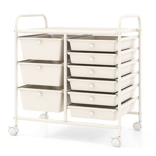 9-Drawer Rolling Storage Cart with Colorful Drawers and Metal Frame, White