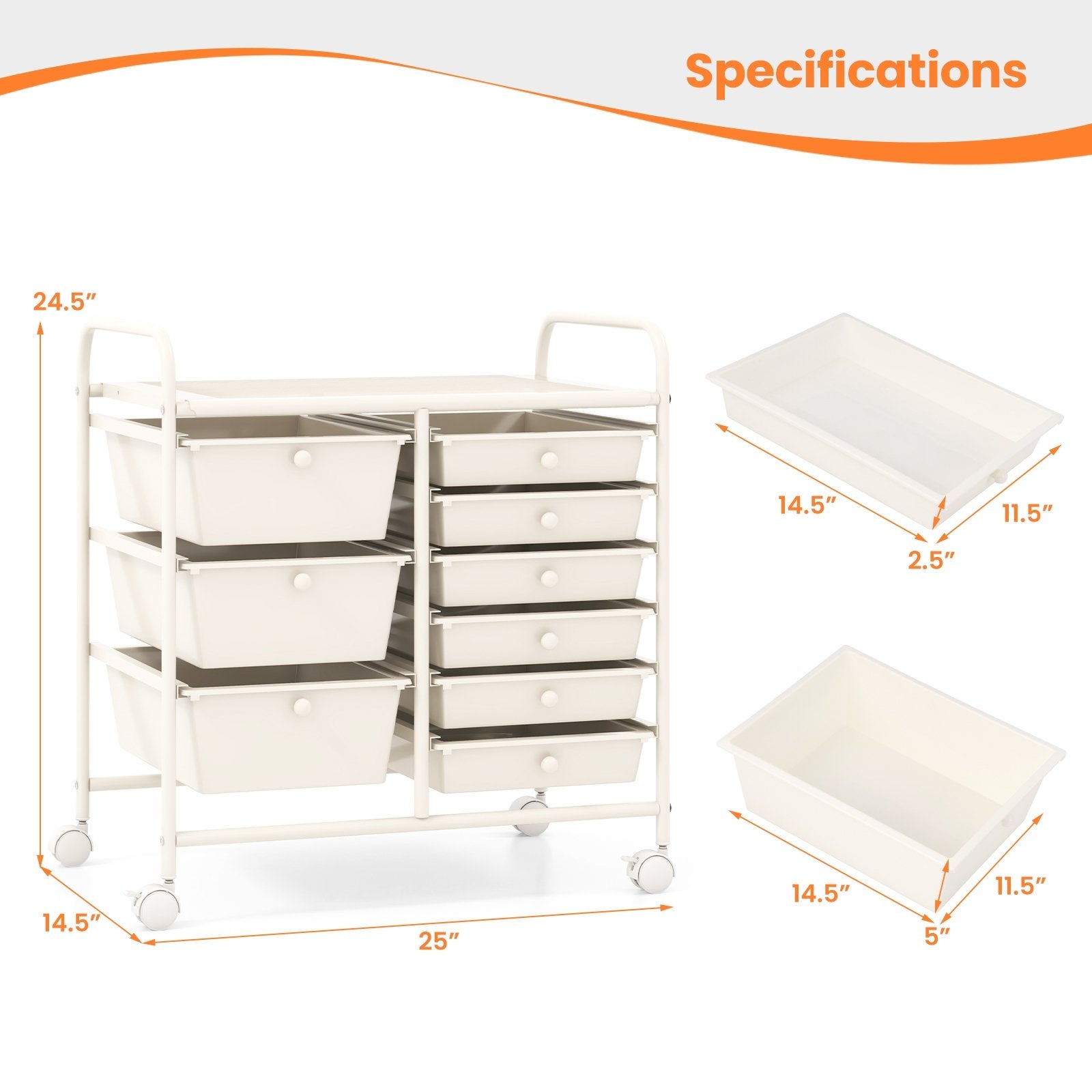 9-Drawer Rolling Storage Cart with Colorful Drawers and Metal Frame, White File Cabinets at Gallery Canada