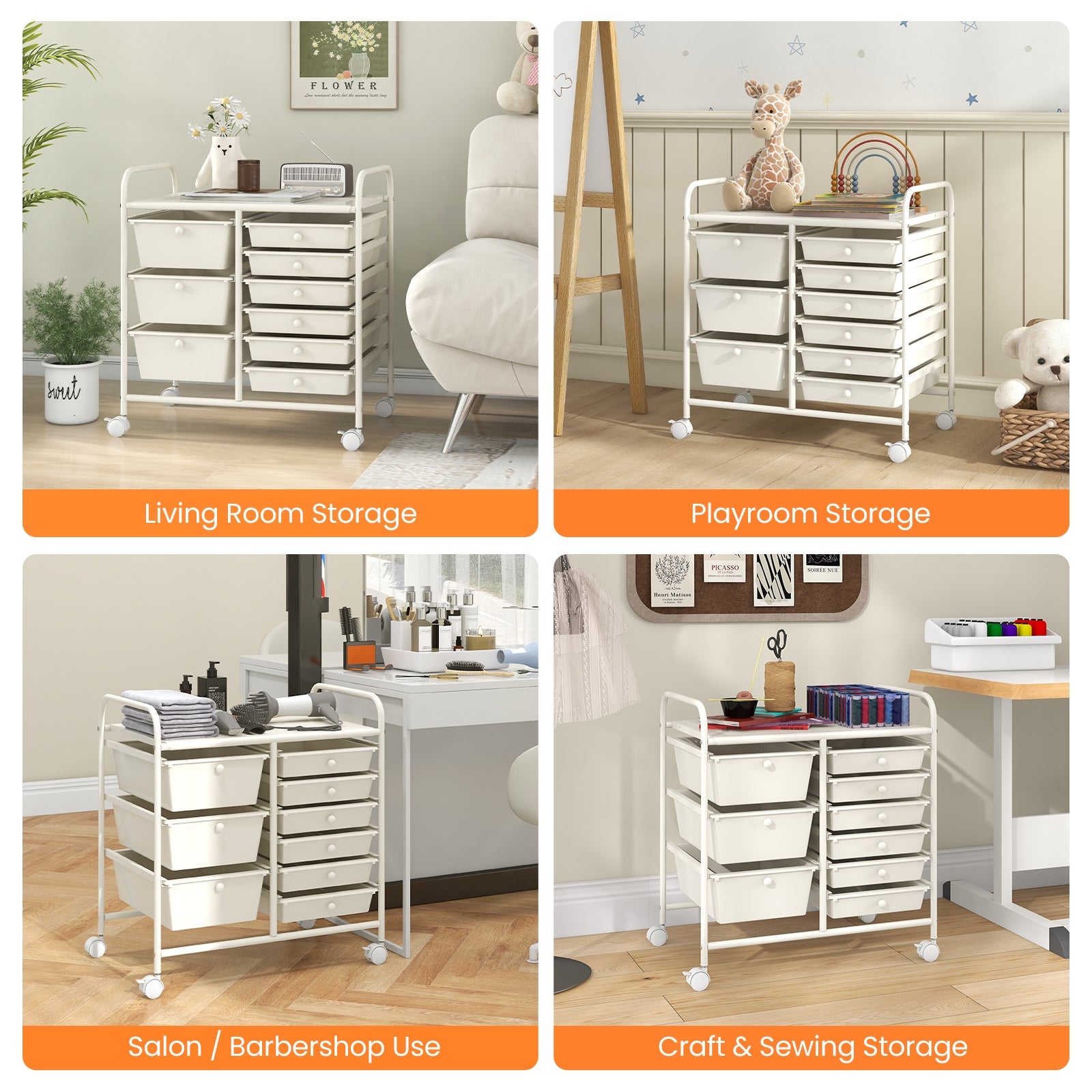 9-Drawer Rolling Storage Cart with Colorful Drawers and Metal Frame, White File Cabinets at Gallery Canada