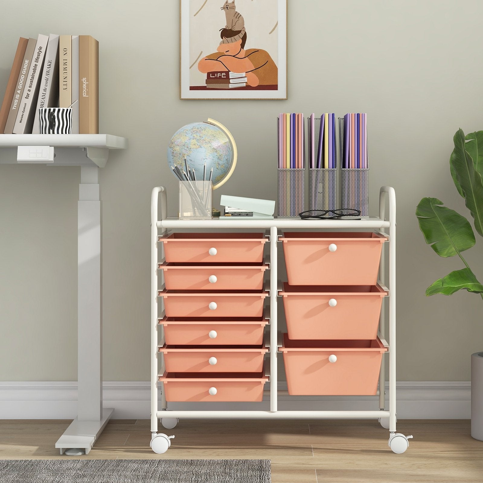 9-Drawer Rolling Storage Cart with Colorful Drawers and Metal Frame, Peach File Cabinets at Gallery Canada