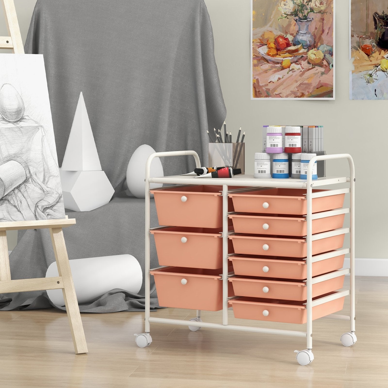 9-Drawer Rolling Storage Cart with Colorful Drawers and Metal Frame, Peach File Cabinets at Gallery Canada