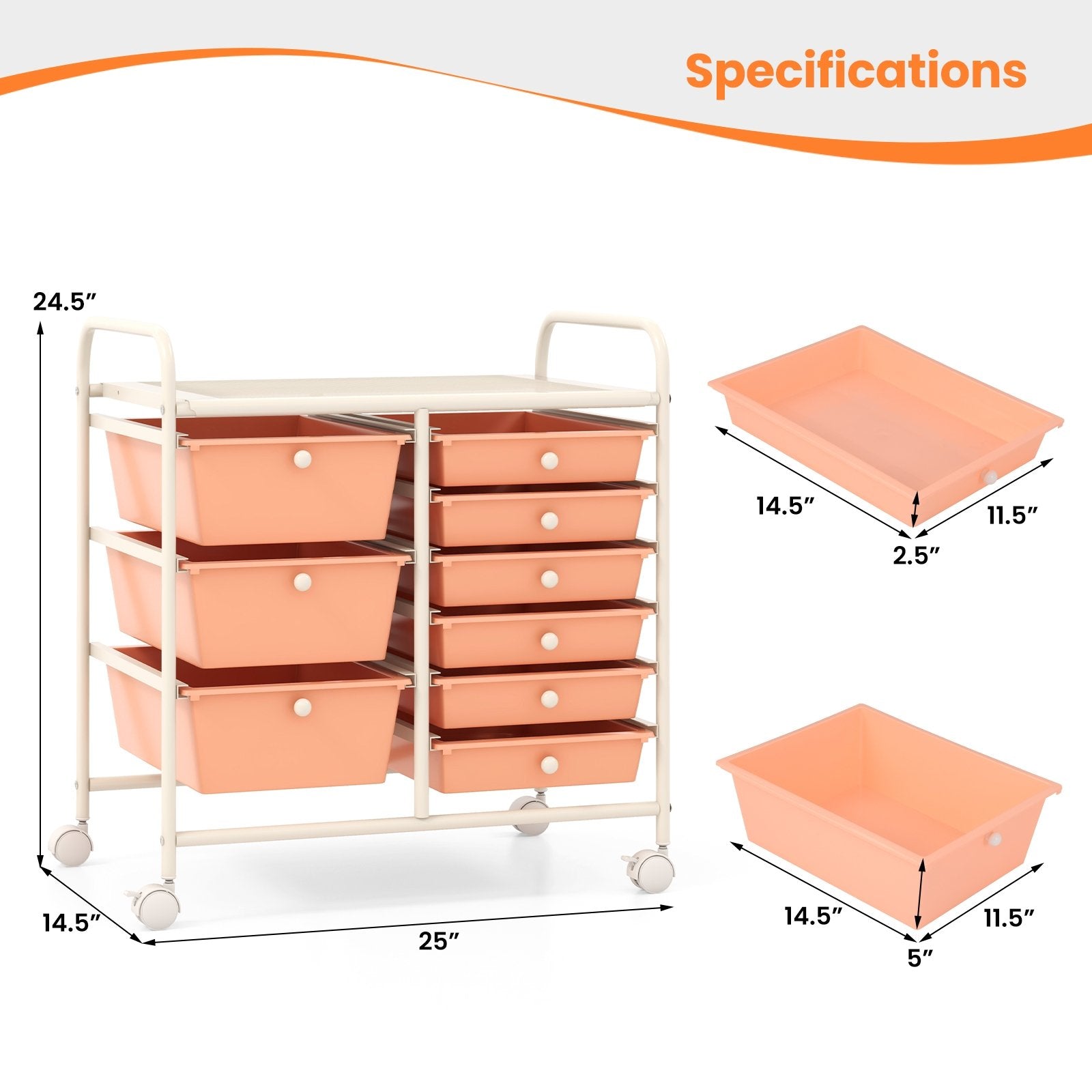 9-Drawer Rolling Storage Cart with Colorful Drawers and Metal Frame, Peach File Cabinets at Gallery Canada
