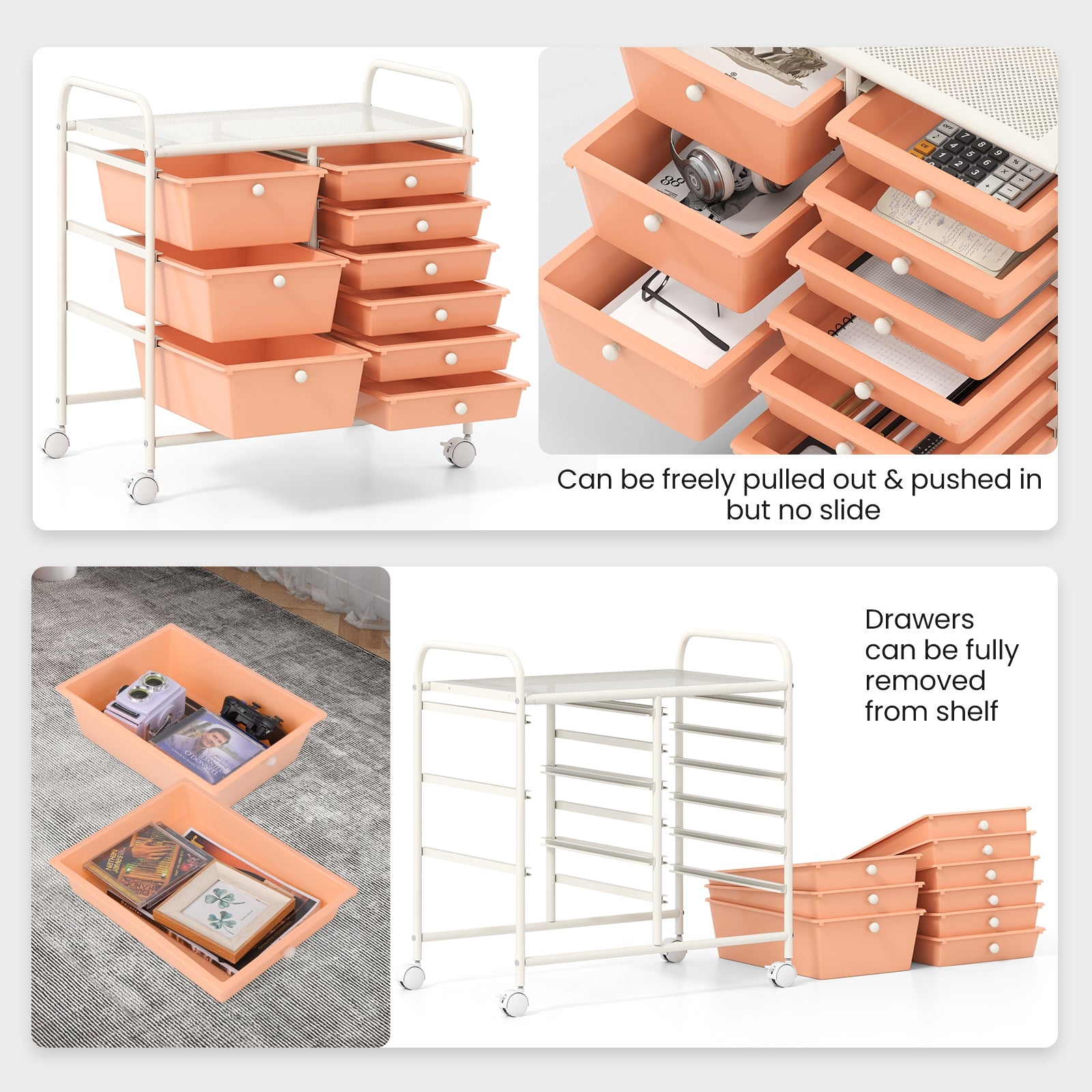 9-Drawer Rolling Storage Cart with Colorful Drawers and Metal Frame, Peach File Cabinets at Gallery Canada