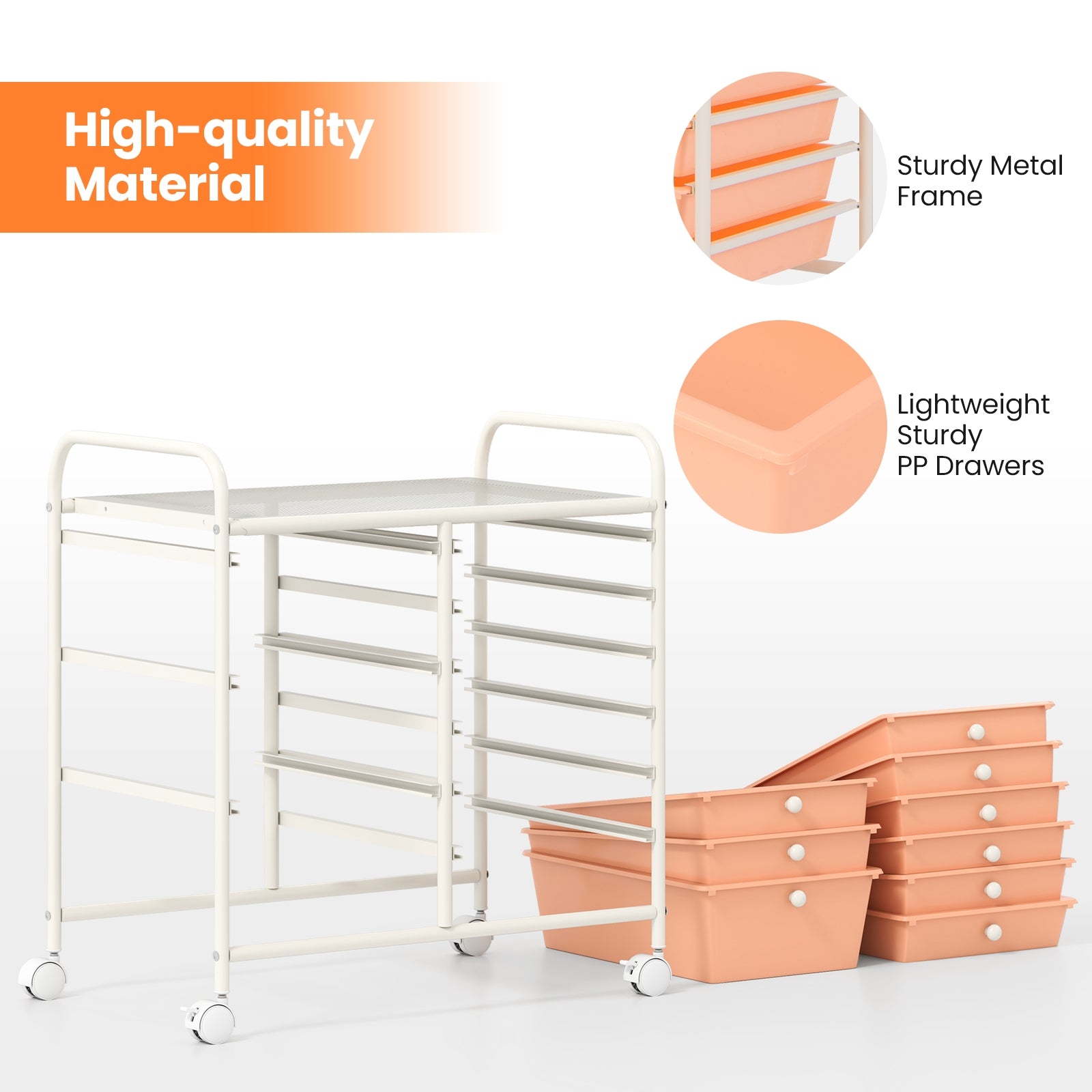 9-Drawer Rolling Storage Cart with Colorful Drawers and Metal Frame, Peach File Cabinets at Gallery Canada
