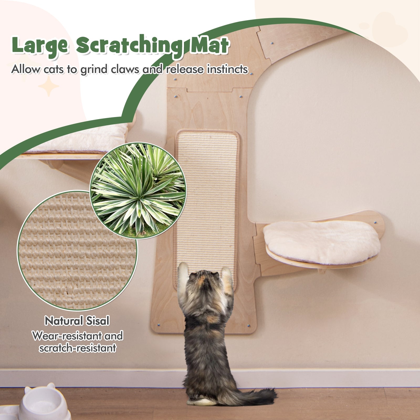 Wall-Mounted Cat Tower with Hammock Platforms and Sisal Scratching Mat, Natural Cat Trees Condos & Scratchers   at Gallery Canada