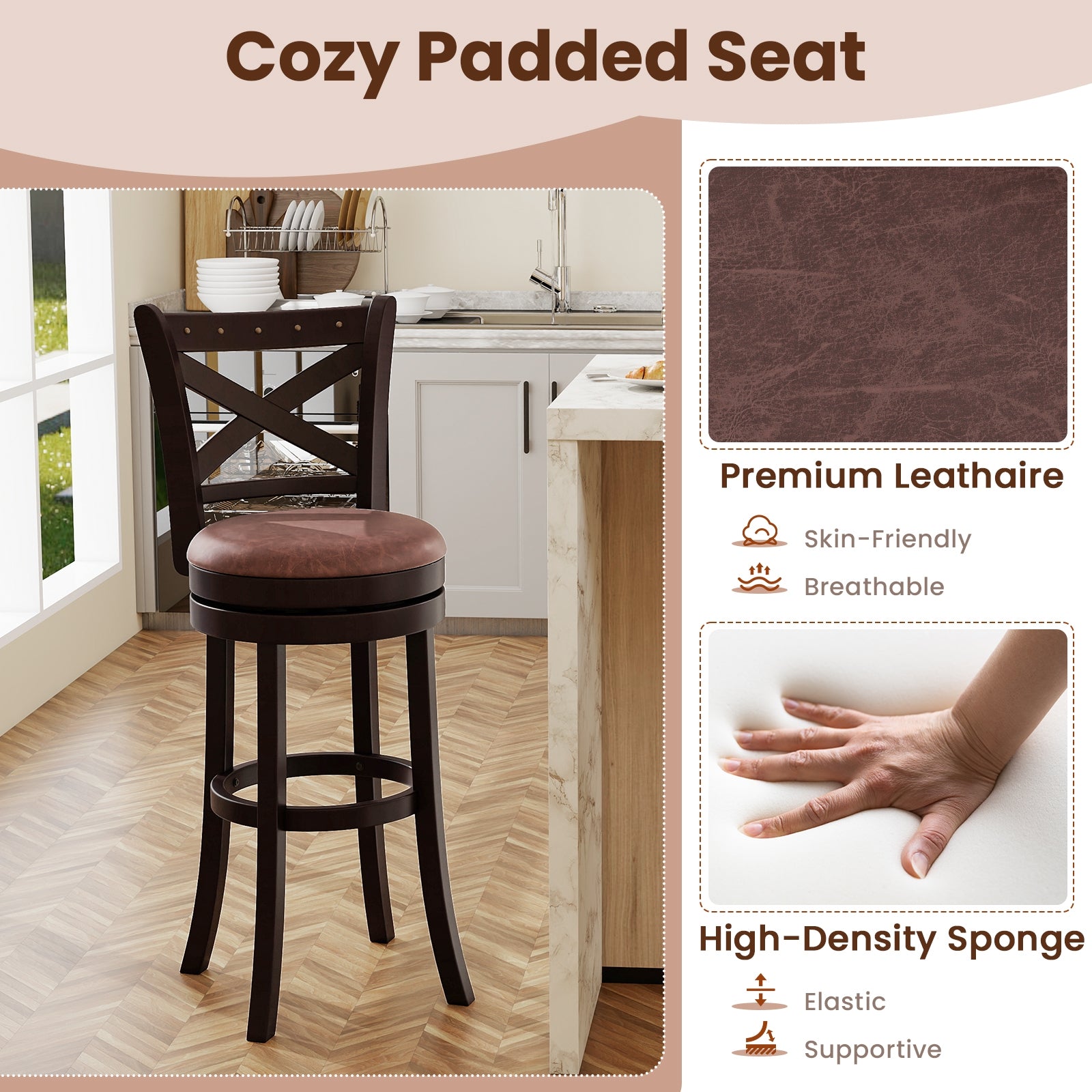 26/30 Inch Swivel Bar Stools Set of 2 Bar Chairs with Padded Seat-30 inches, Coffee Bar Stools at Gallery Canada