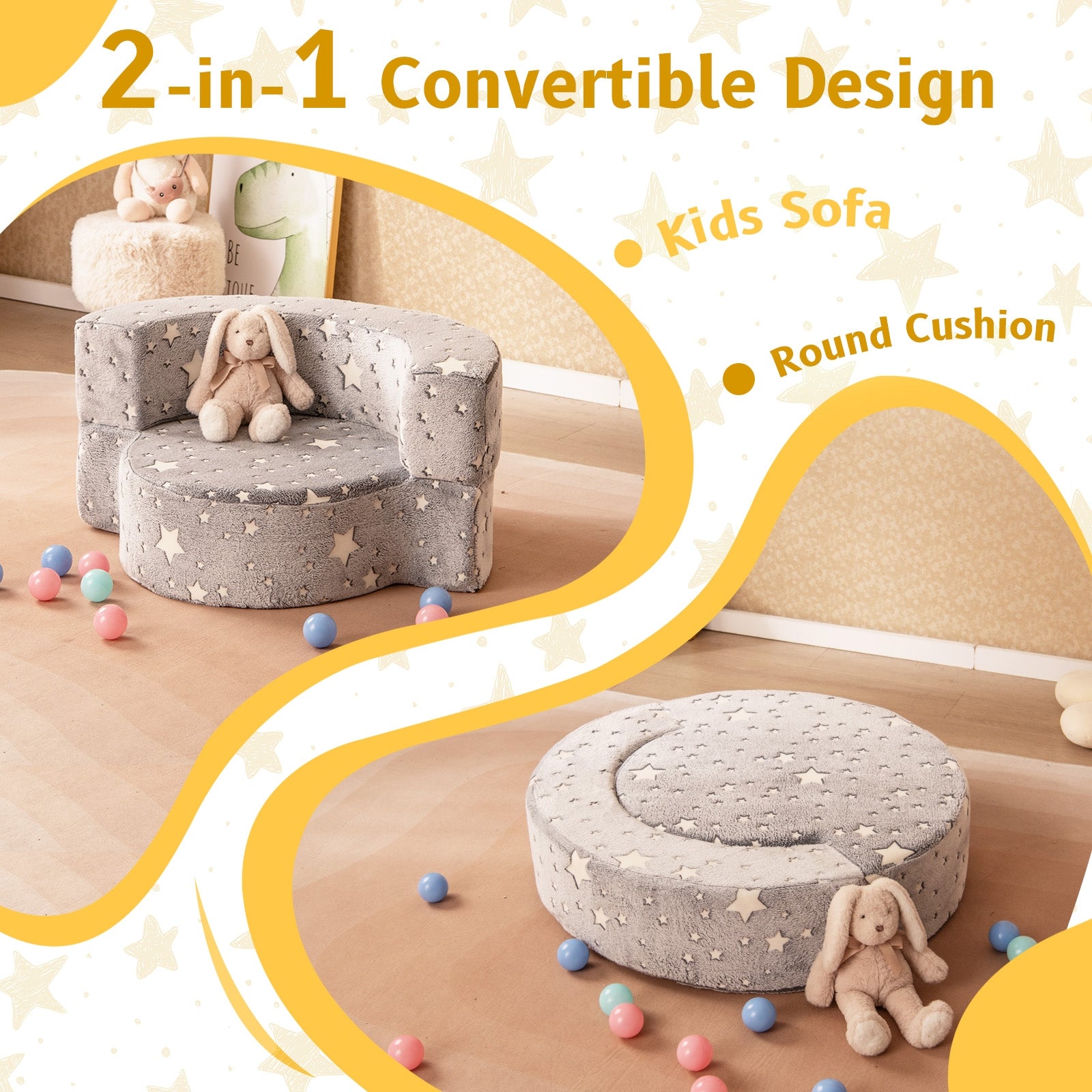 2-in-1 Toddler Chair Glow in the Dark Kids Couch with Cover Convertible Sofa, Gray Kids Chairs & Seating at Gallery Canada