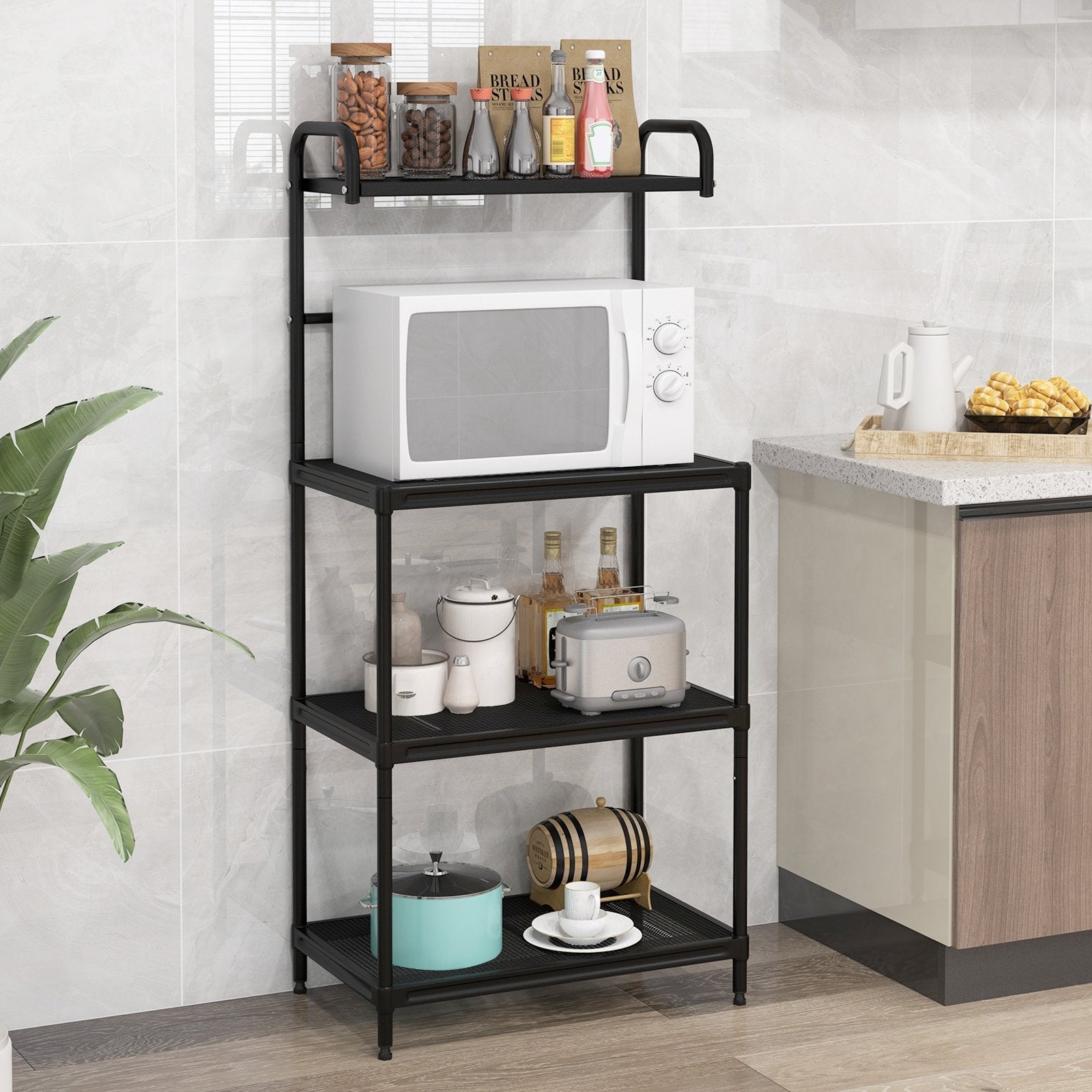 4-Tier Kitchen Microwave Storage Rack with Metal Shelves, Black Baker's Racks   at Gallery Canada