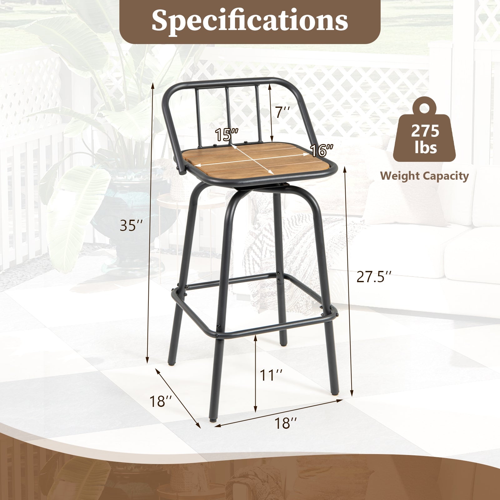 360° Swivel Bar Stool Set of 2 with Footrest and Backrest-Balck & Natural, Natural & Black Bar Stools at Gallery Canada