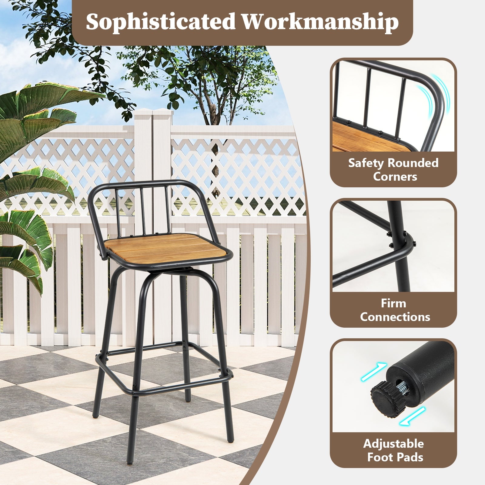 360° Swivel Bar Stool Set of 2 with Footrest and Backrest-Balck & Natural, Natural & Black Bar Stools at Gallery Canada