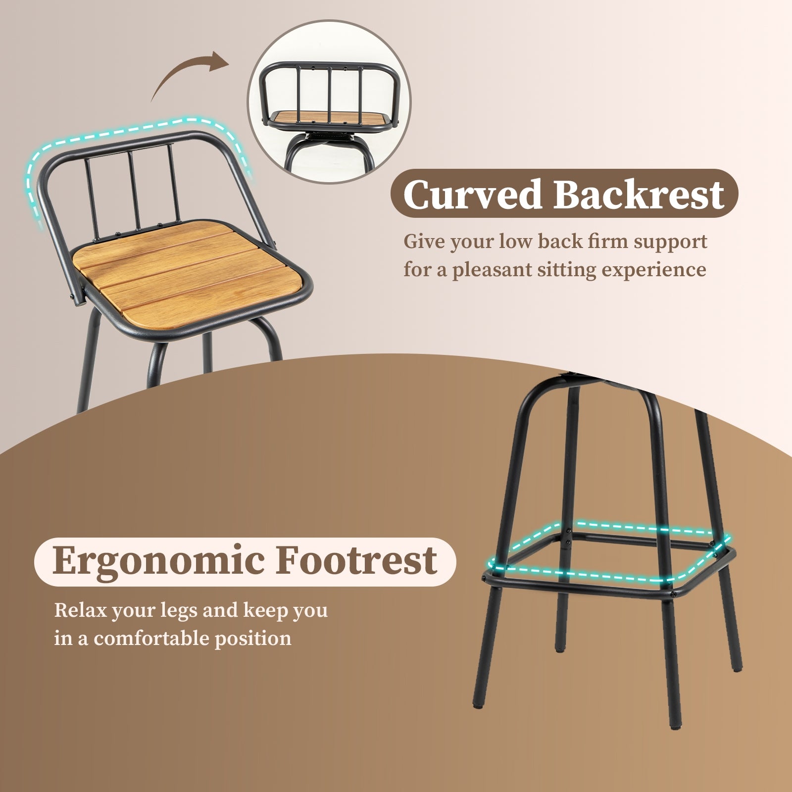 360° Swivel Bar Stool Set of 2 with Footrest and Backrest-Balck & Natural, Natural & Black Bar Stools at Gallery Canada