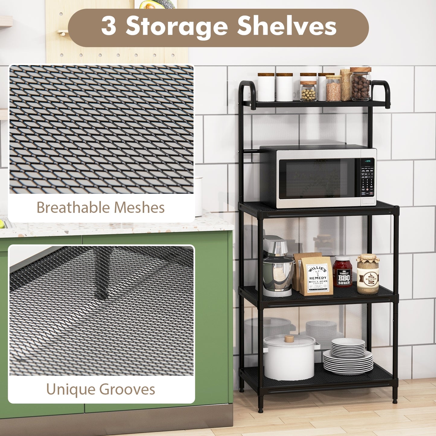 4-Tier Kitchen Microwave Storage Rack with Metal Shelves, Black Baker's Racks   at Gallery Canada