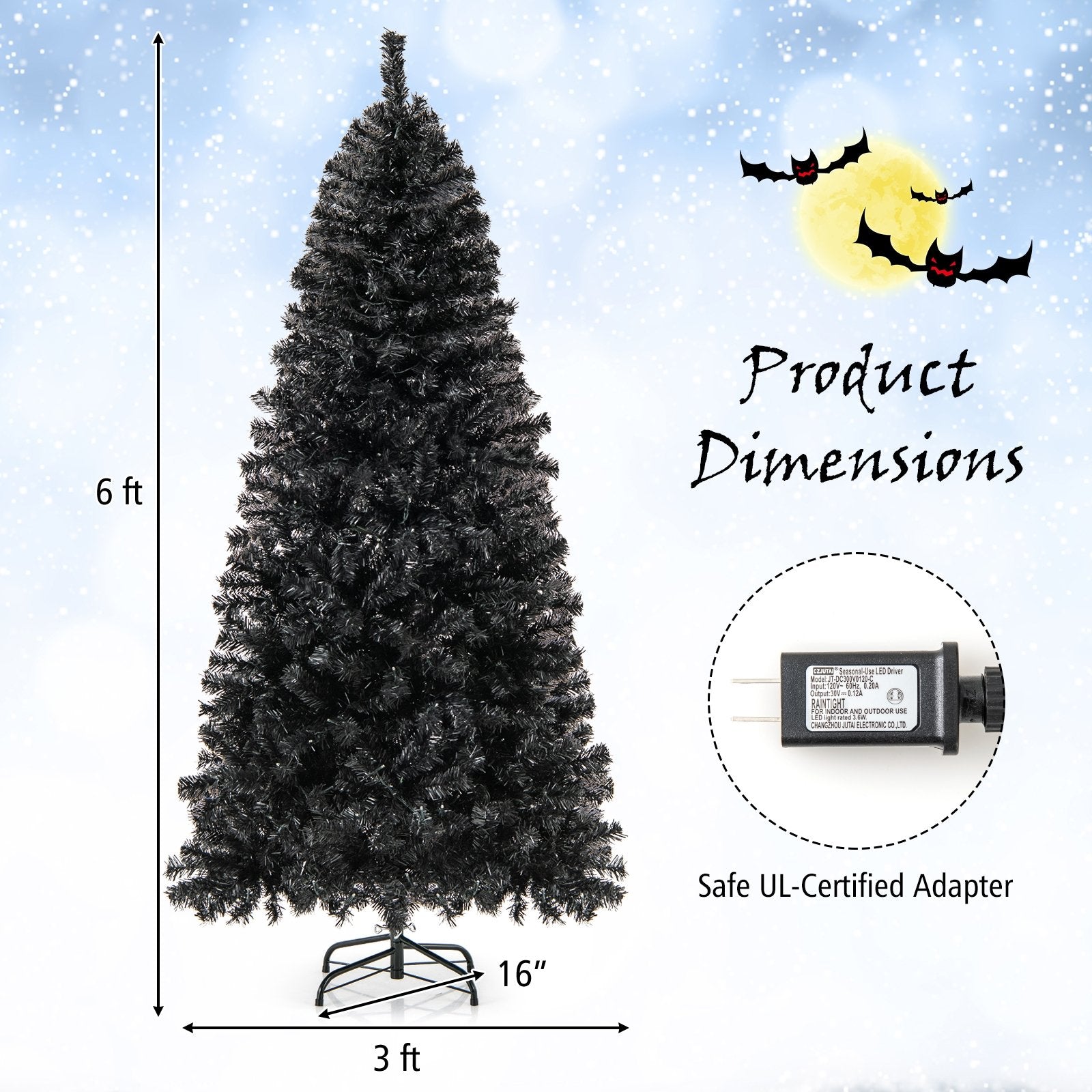 6/7 FT Artificial Christmas Tree with Bendable Top Section and Warm Light-6 FT, Black Christmas Tree   at Gallery Canada