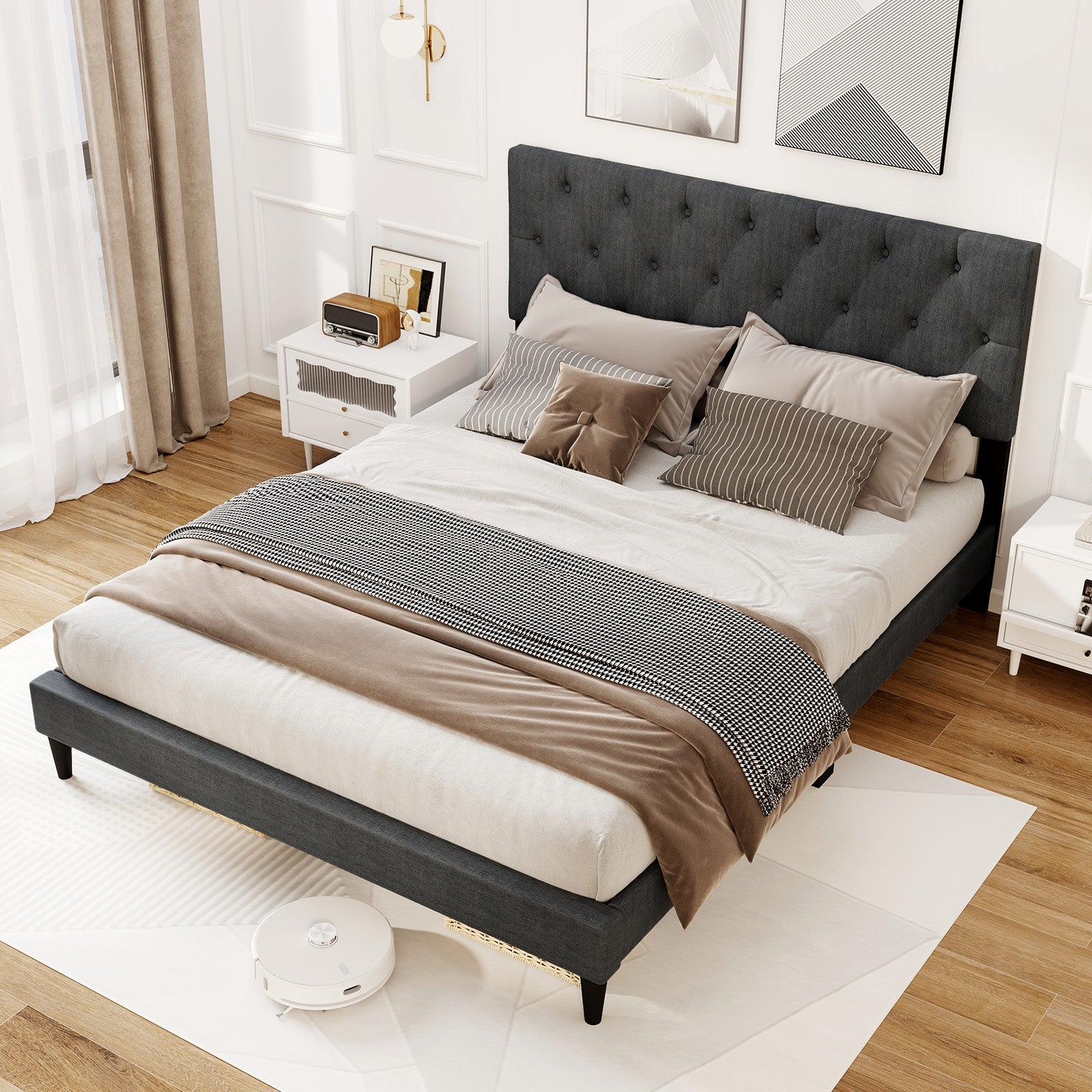Upholstered Platform Bed with Tufted Headboard and Wooden Slats Gray-Queen Size Simple Bed Frame at Gallery Canada