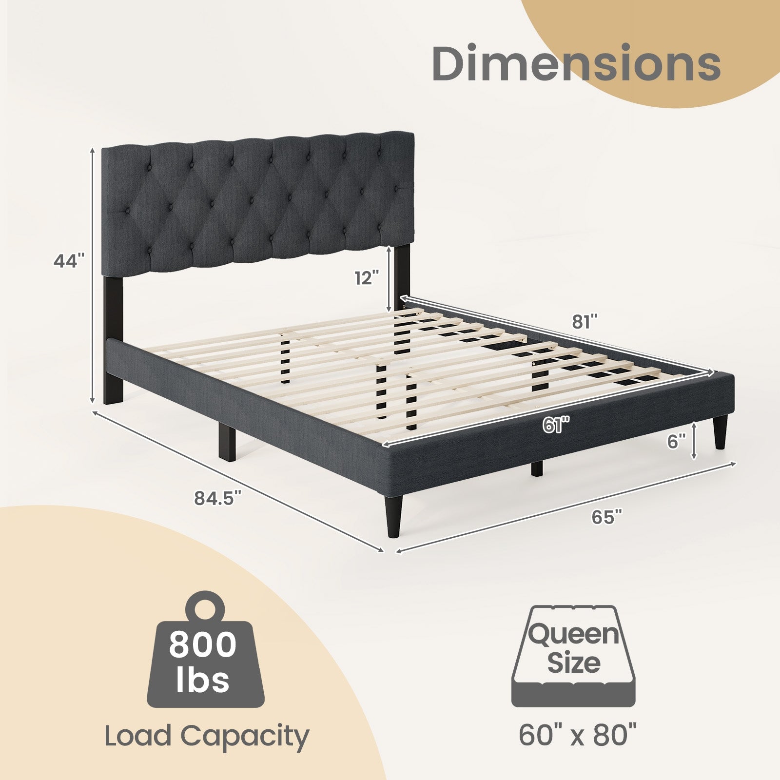 Upholstered Platform Bed with Tufted Headboard and Wooden Slats Gray-Queen Size Simple Bed Frame at Gallery Canada