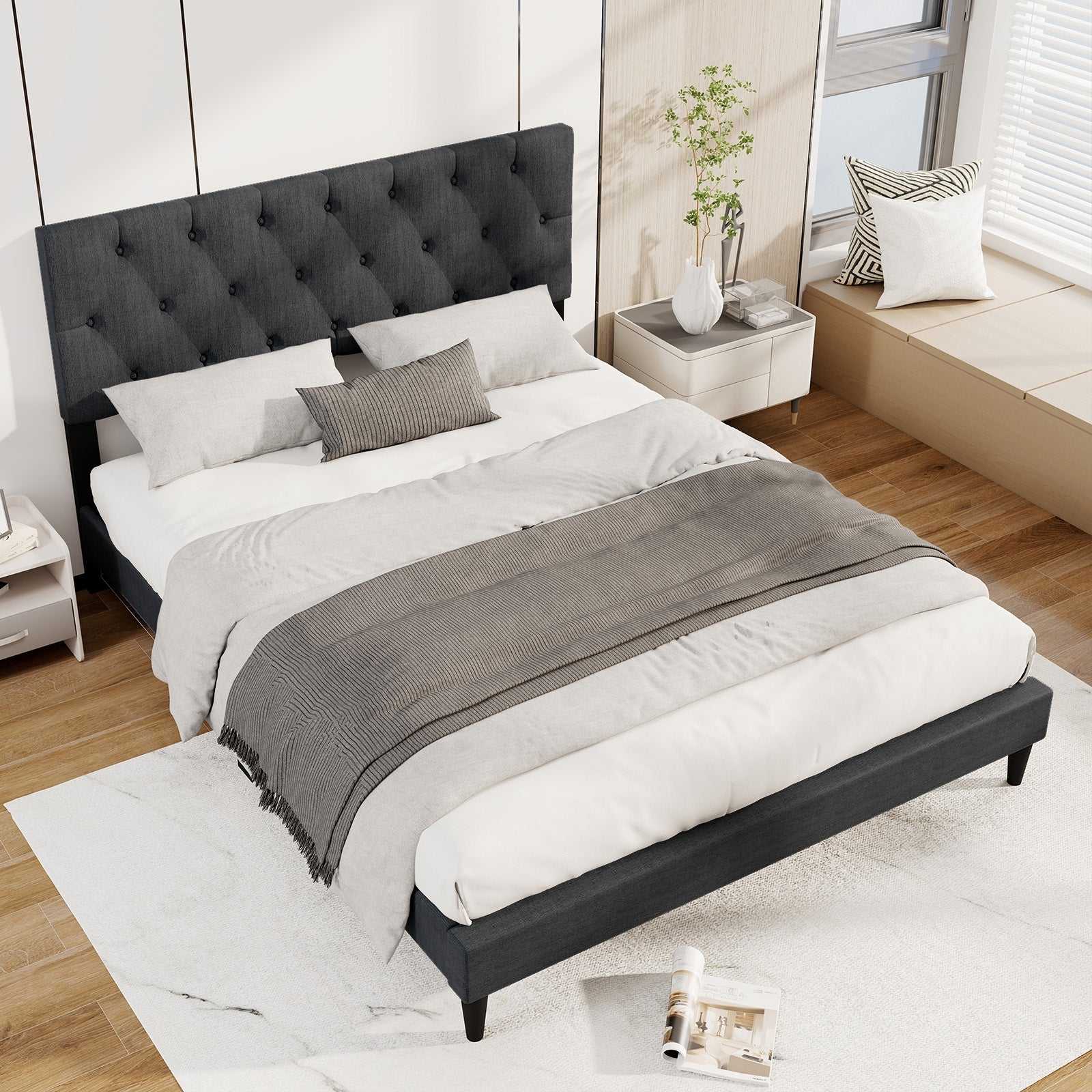 Upholstered Platform Bed with Tufted Headboard and Wooden Slats Gray-Queen Size Simple Bed Frame at Gallery Canada
