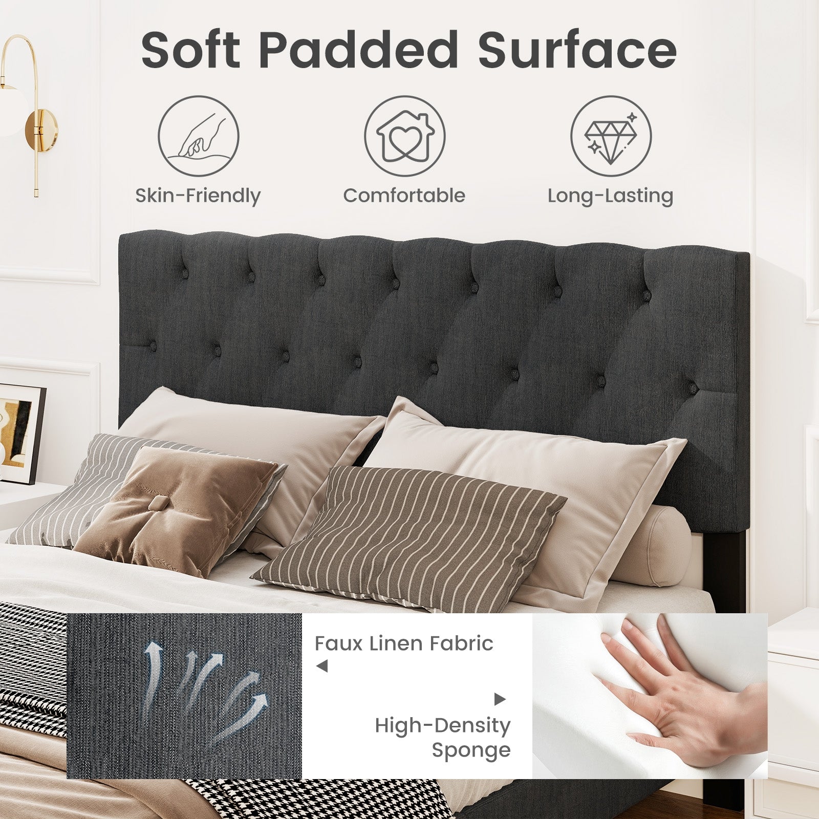 Upholstered Platform Bed with Tufted Headboard and Wooden Slats Gray-Queen Size Simple Bed Frame at Gallery Canada