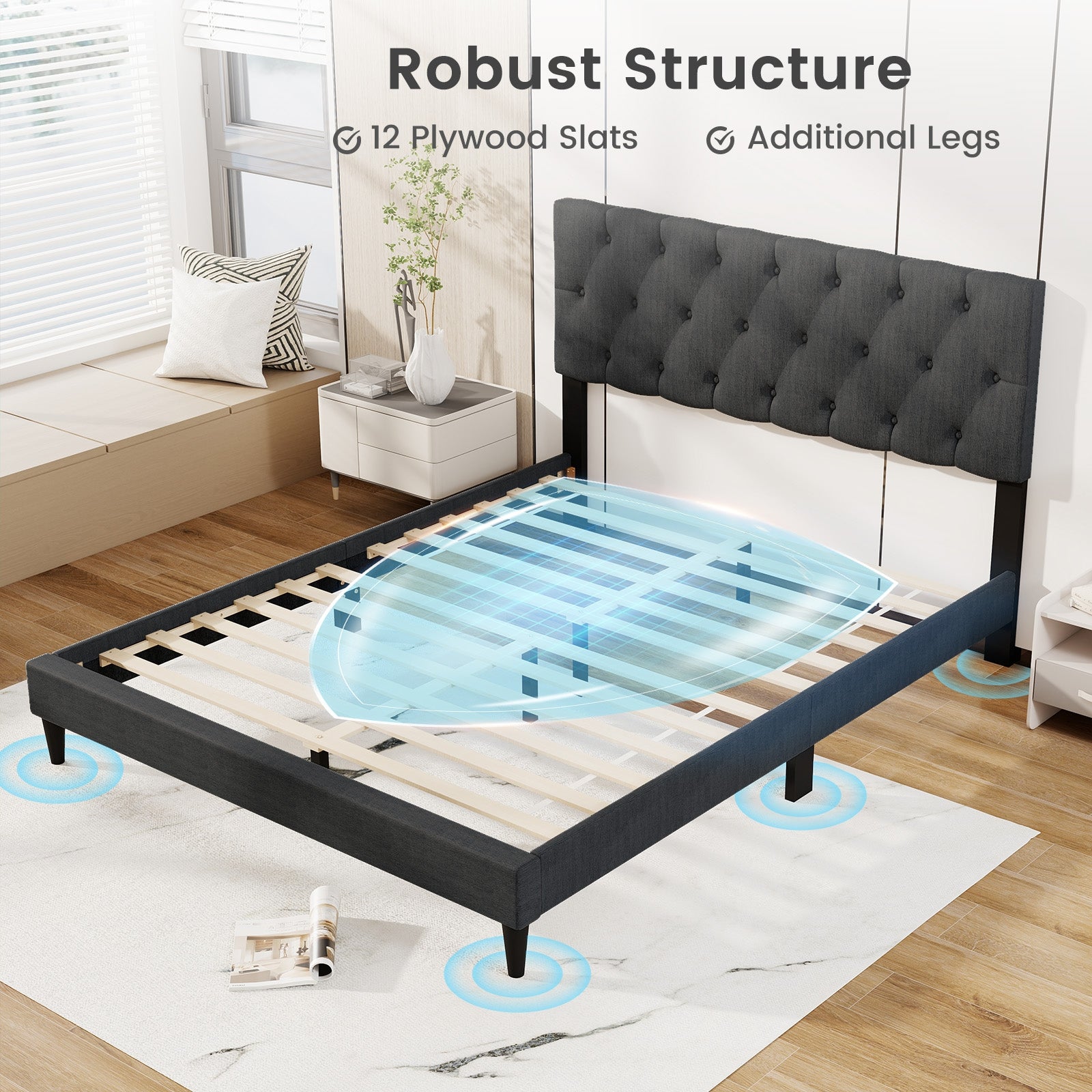 Upholstered Platform Bed with Tufted Headboard and Wooden Slats Gray-Queen Size Simple Bed Frame at Gallery Canada