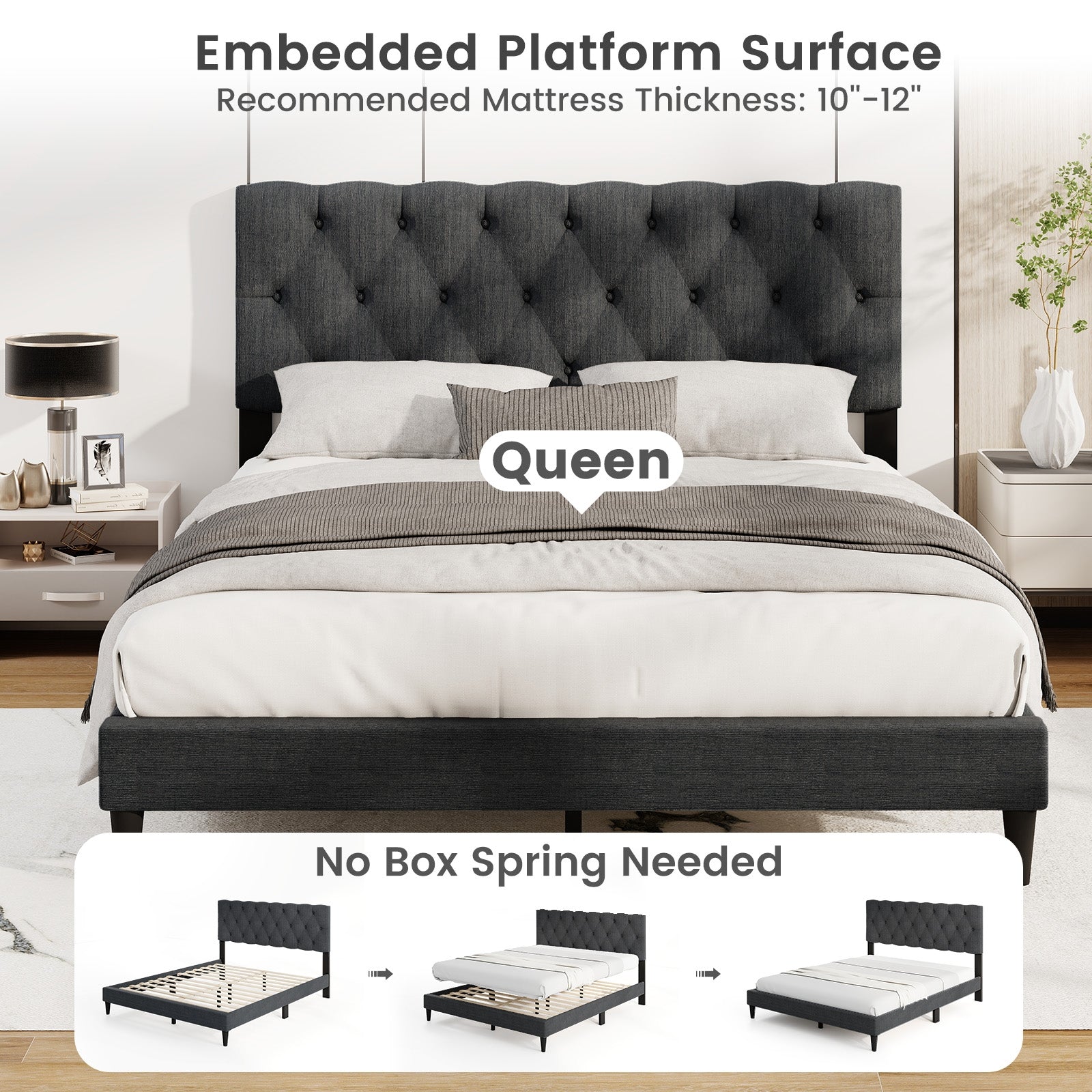 Upholstered Platform Bed with Tufted Headboard and Wooden Slats Gray-Queen Size Simple Bed Frame at Gallery Canada