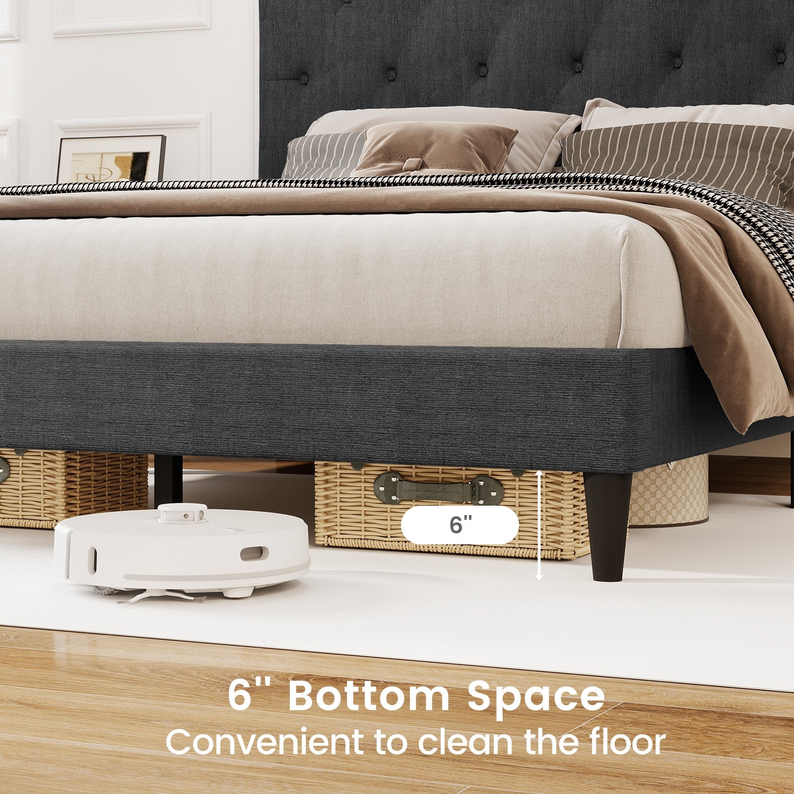 Upholstered Platform Bed with Tufted Headboard and Wooden Slats Gray-Full Size Simple Bed Frame at Gallery Canada