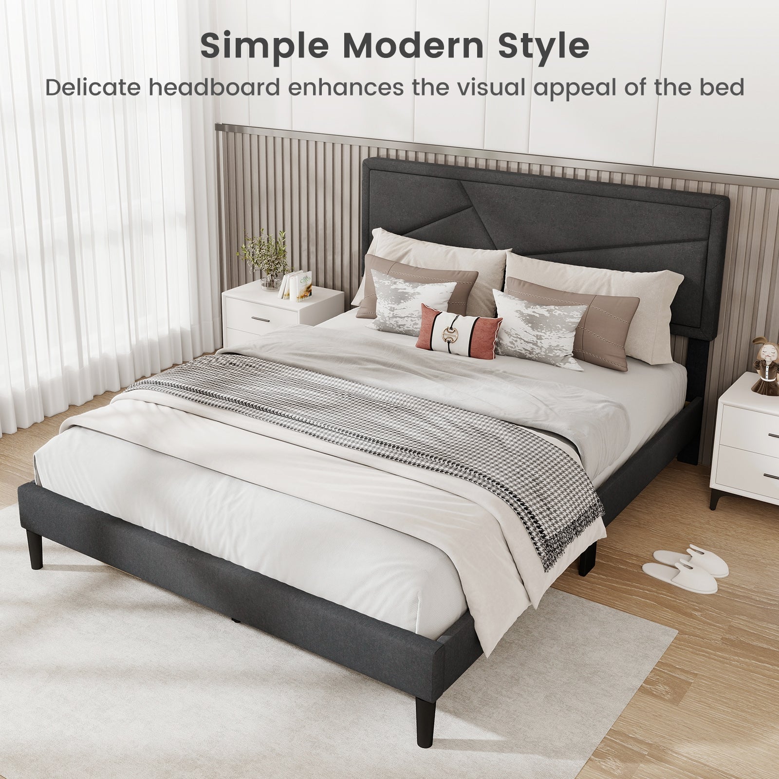Twin/Full/Queen Size Upholstered Platform Bed Frame with High Headboard-Queen Size, Gray Simple Bed Frame at Gallery Canada