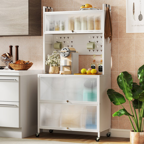 5 Tier Kitchen Bakers Rack with Lights Multifunctional Microwave Stand with Flip Door Cabinets, White