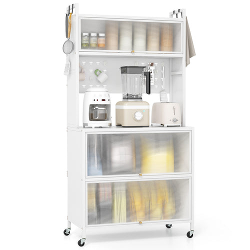 5 Tier Kitchen Bakers Rack with Lights Multifunctional Microwave Stand with Flip Door Cabinets, White