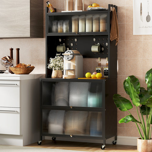 5 Tier Kitchen Bakers Rack with Lights Multifunctional Microwave Stand with Flip Door Cabinets, Black