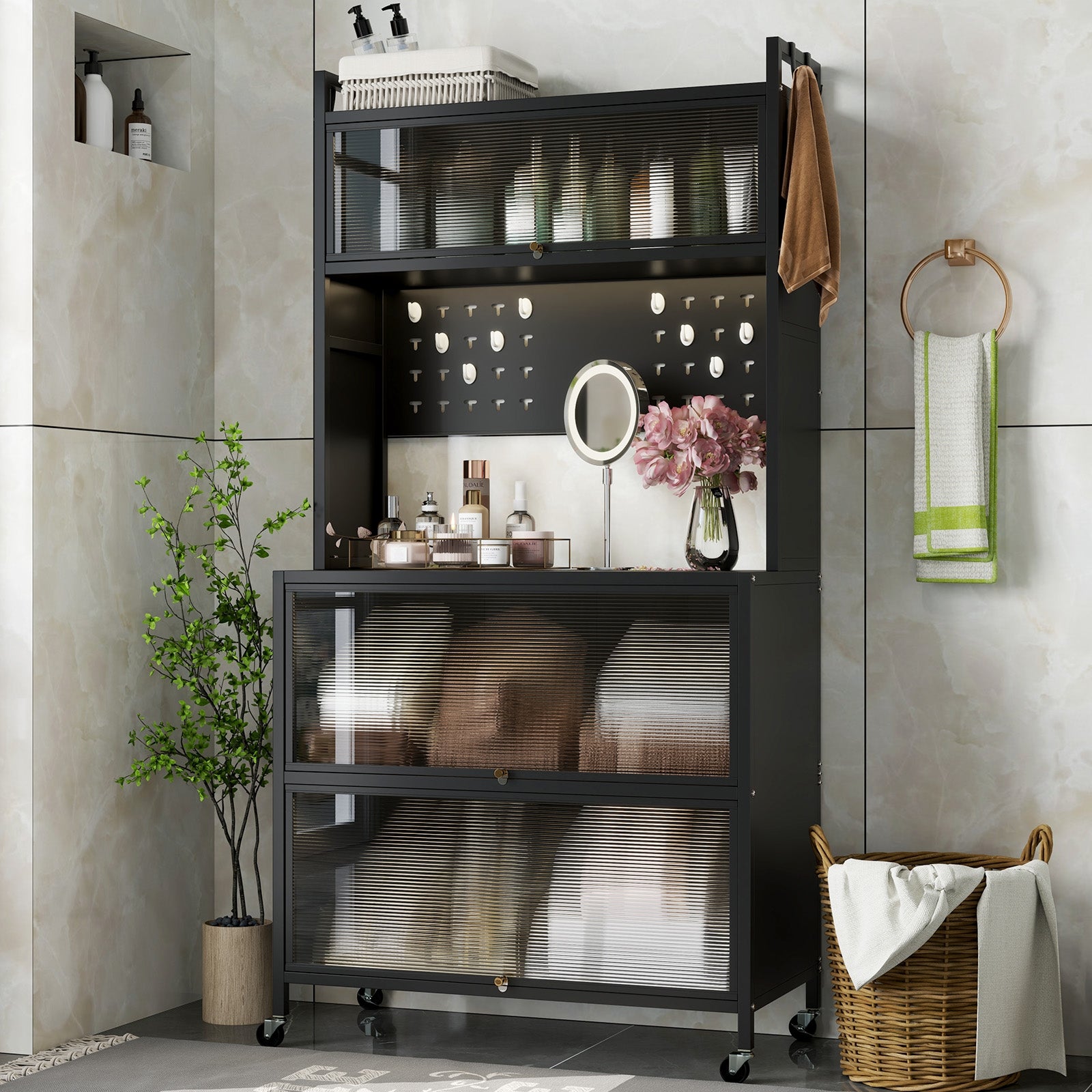 5 Tier Kitchen Bakers Rack with Lights Multifunctional Microwave Stand with Flip Door Cabinets, Black Sideboards Cabinets & Buffets at Gallery Canada