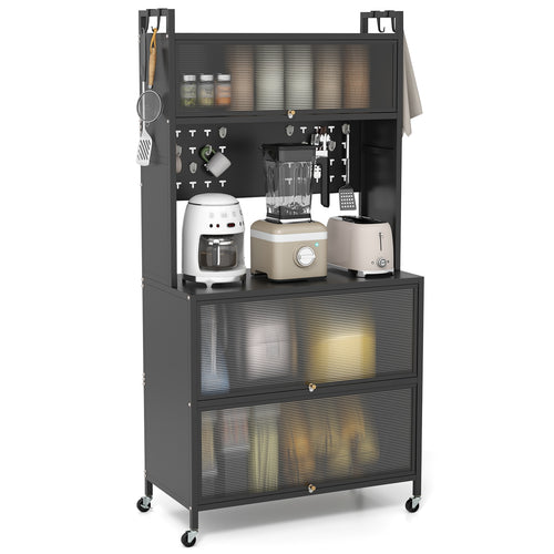 5 Tier Kitchen Bakers Rack with Lights Multifunctional Microwave Stand with Flip Door Cabinets, Black
