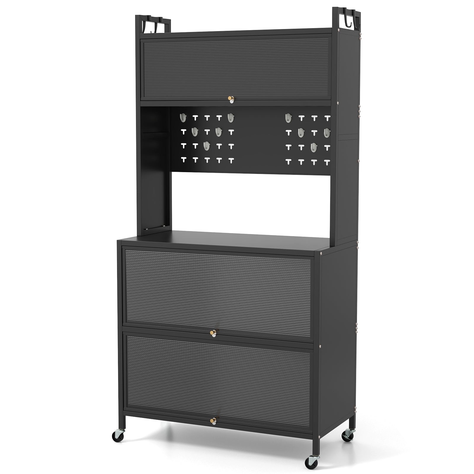 5 Tier Kitchen Bakers Rack with Lights Multifunctional Microwave Stand with Flip Door Cabinets, Black Sideboards Cabinets & Buffets at Gallery Canada