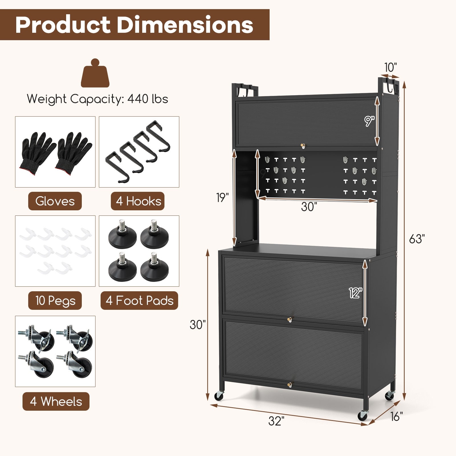 5 Tier Kitchen Bakers Rack with Lights Multifunctional Microwave Stand with Flip Door Cabinets, Black Sideboards Cabinets & Buffets at Gallery Canada