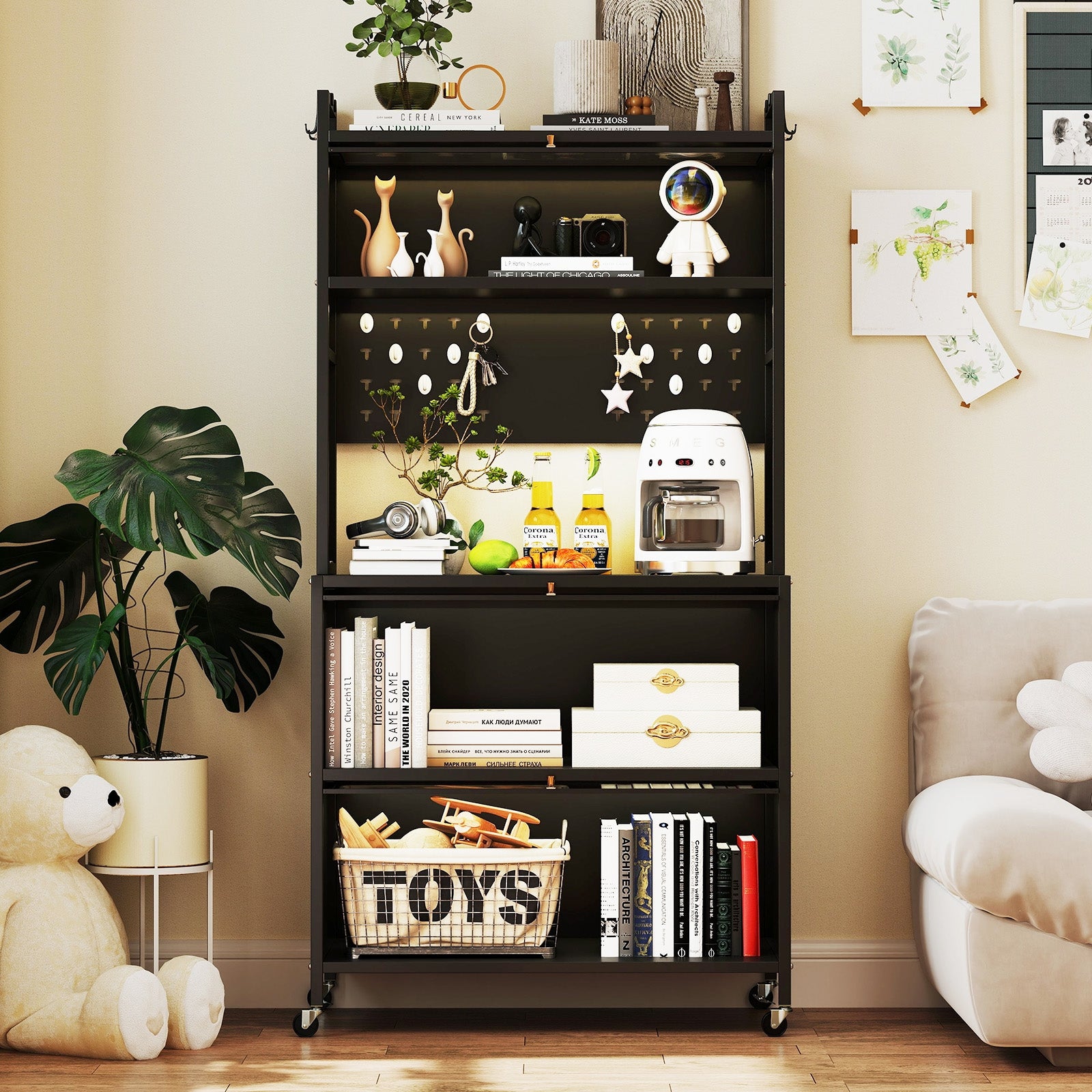 5 Tier Kitchen Bakers Rack with Lights Multifunctional Microwave Stand with Flip Door Cabinets, Black Sideboards Cabinets & Buffets at Gallery Canada