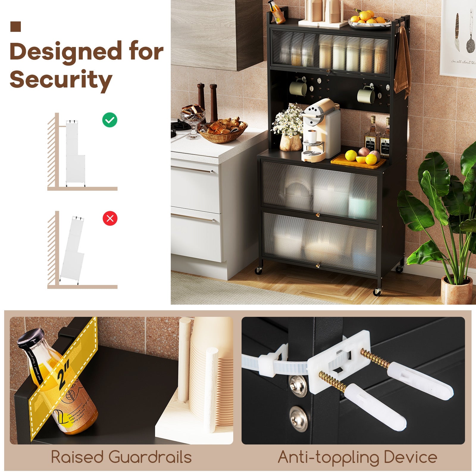 5 Tier Kitchen Bakers Rack with Lights Multifunctional Microwave Stand with Flip Door Cabinets, Black Sideboards Cabinets & Buffets at Gallery Canada