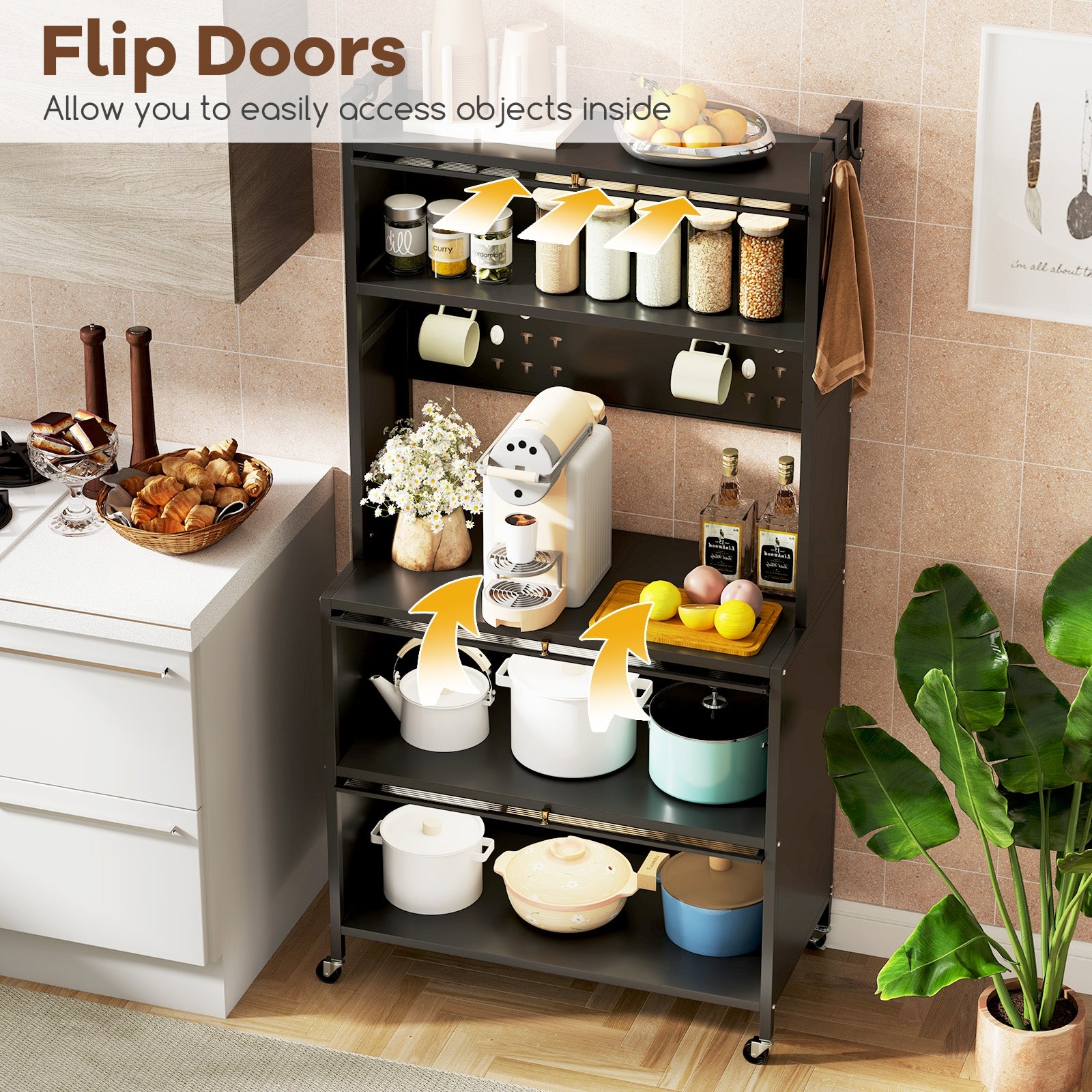 5 Tier Kitchen Bakers Rack with Lights Multifunctional Microwave Stand with Flip Door Cabinets, Black Sideboards Cabinets & Buffets at Gallery Canada
