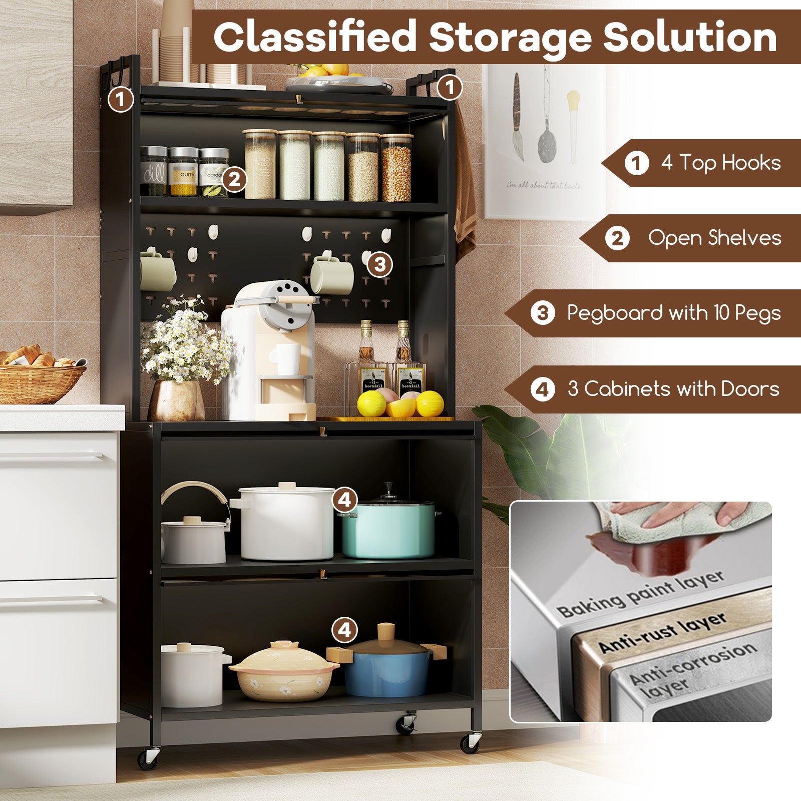 5 Tier Kitchen Bakers Rack with Lights Multifunctional Microwave Stand with Flip Door Cabinets, Black Sideboards Cabinets & Buffets at Gallery Canada