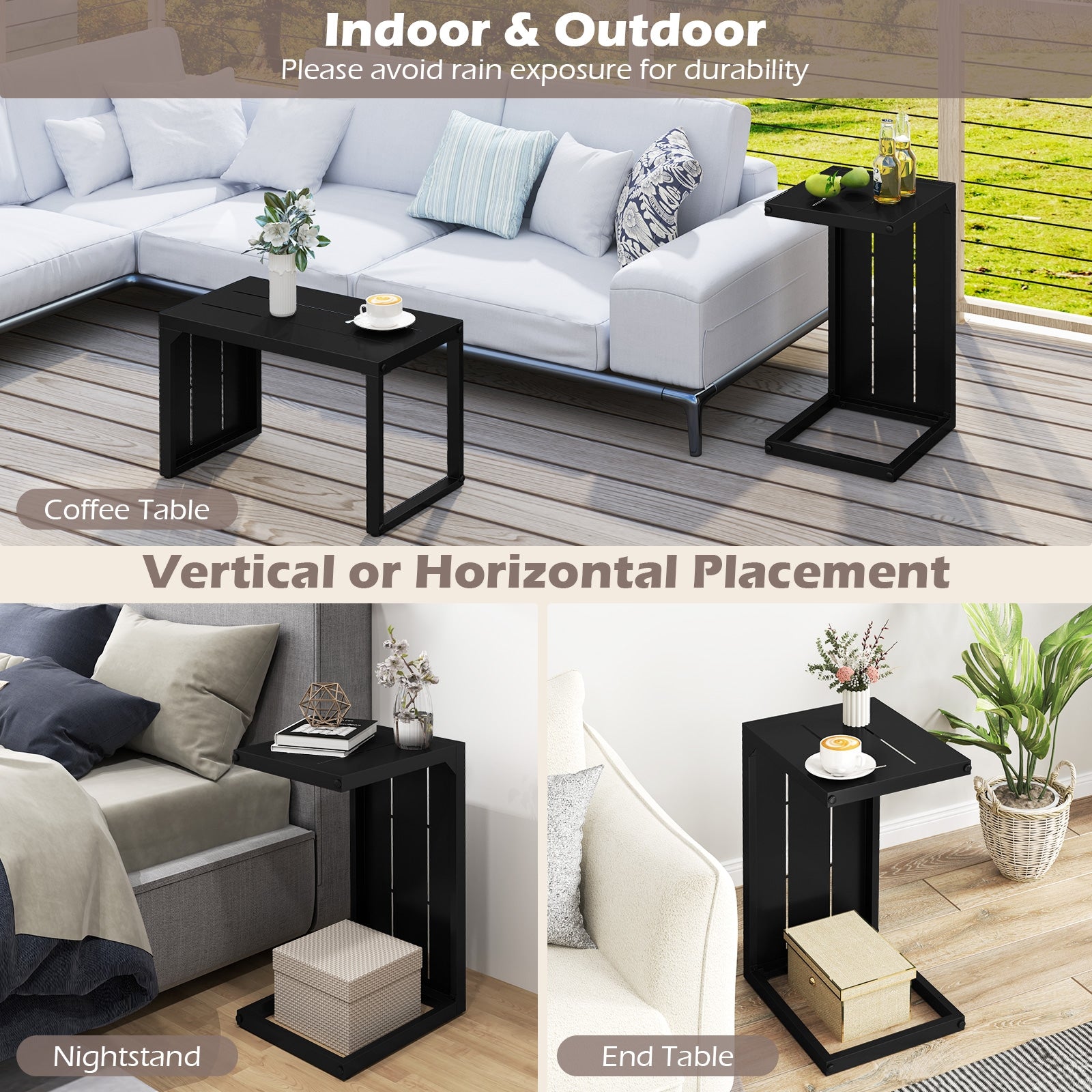 C-Shaped End Table Convertible Coffee Table with Adjustable Foot Pads, Black Patio Coffee Tables at Gallery Canada