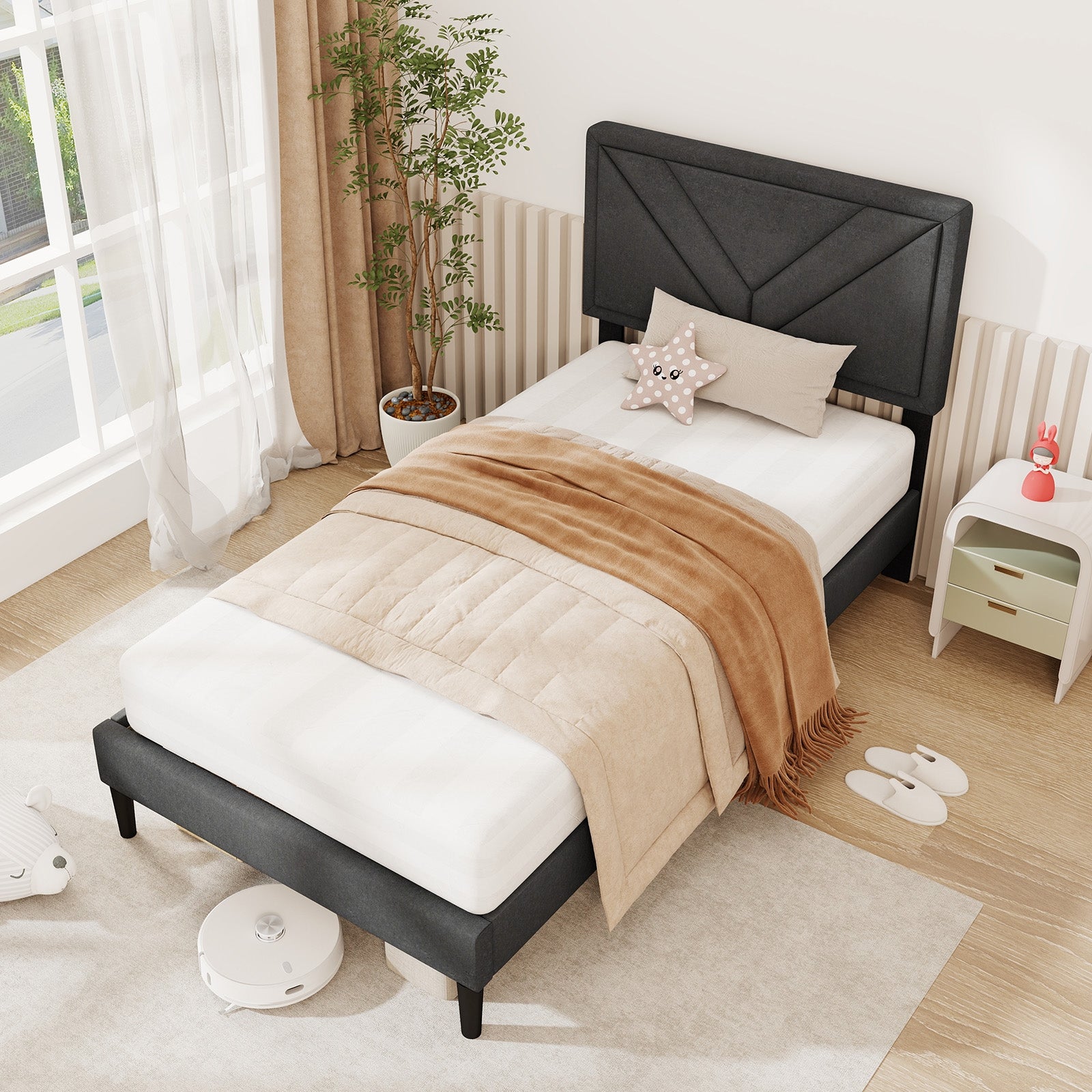 Upholstered Platform Bed with Tufted Headboard and Wooden Slats-Twin Size, Gray Simple Bed Frame at Gallery Canada