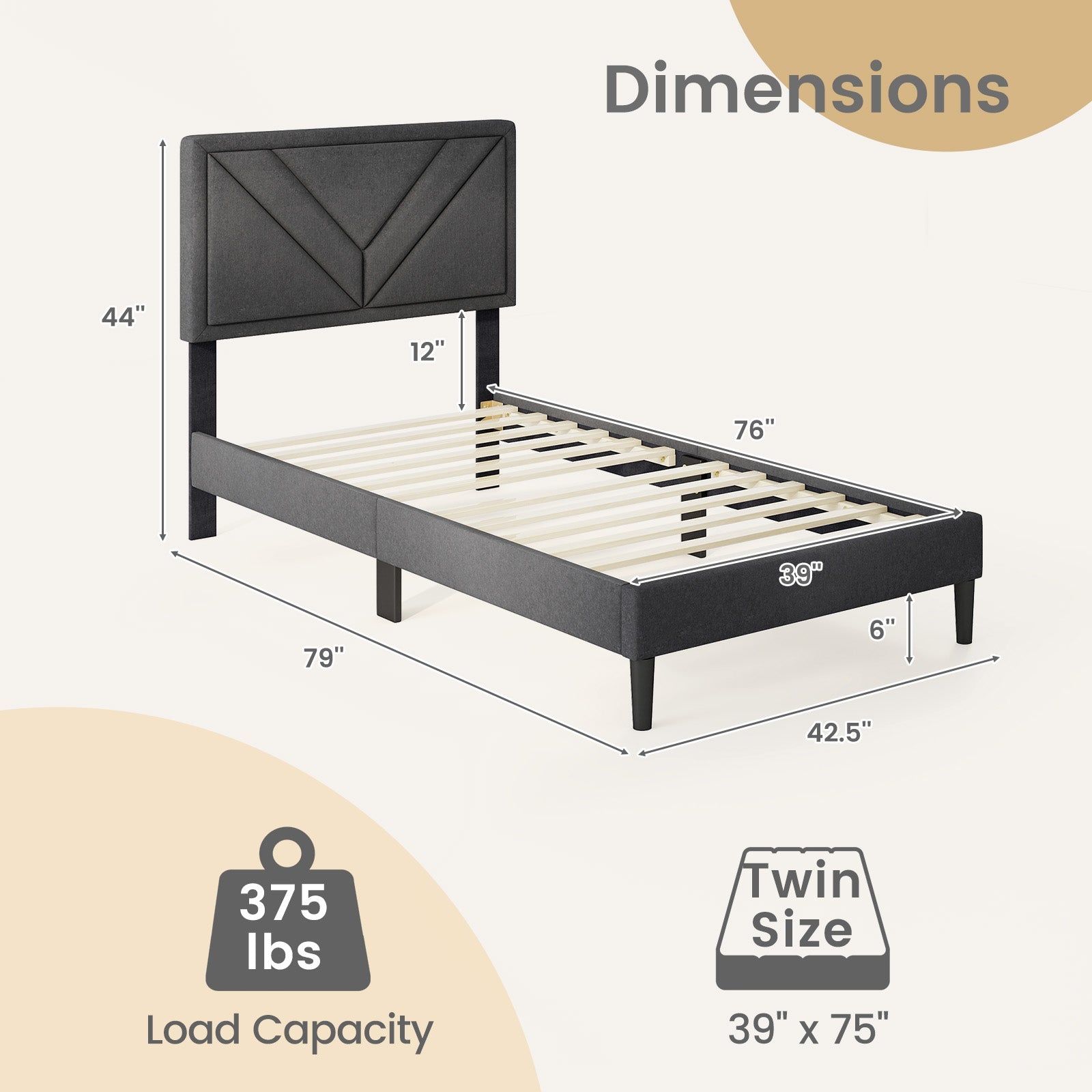 Upholstered Platform Bed with Tufted Headboard and Wooden Slats-Twin Size, Gray Simple Bed Frame at Gallery Canada
