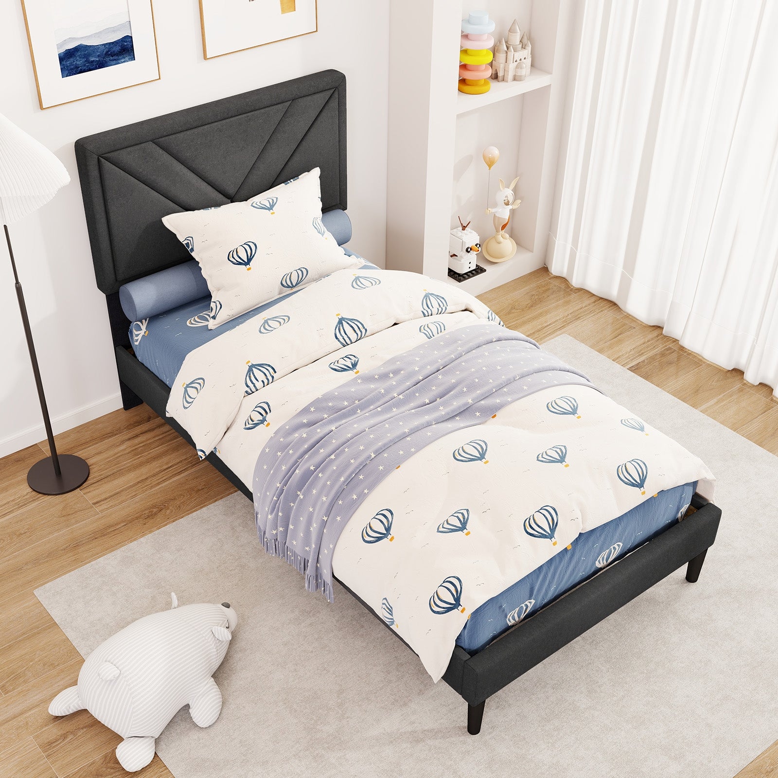 Upholstered Platform Bed with Tufted Headboard and Wooden Slats-Twin Size, Gray Simple Bed Frame at Gallery Canada