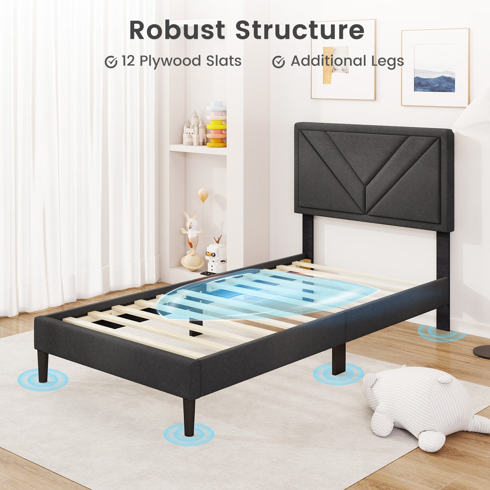 Upholstered Platform Bed with Tufted Headboard and Wooden Slats-Twin Size, Gray Simple Bed Frame at Gallery Canada