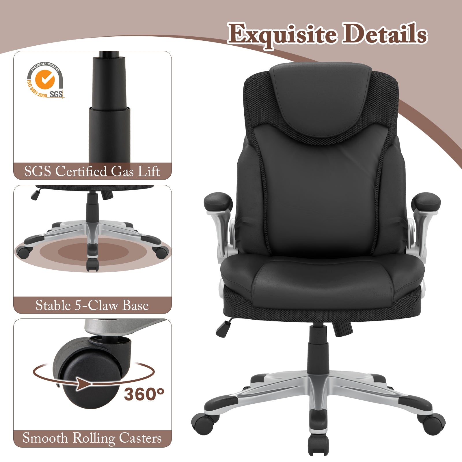 Ergonomic Office PU Leather Executive Chair with Flip-up Armrests and Rocking Function, Black Executive Chairs at Gallery Canada