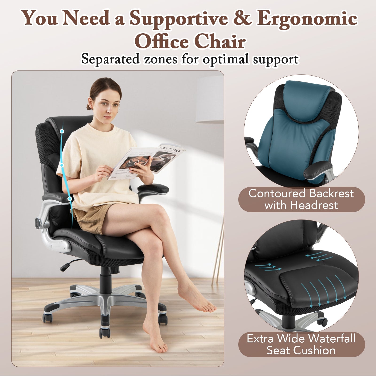 Ergonomic Office PU Leather Executive Chair with Flip-up Armrests and Rocking Function, Black Executive Chairs at Gallery Canada