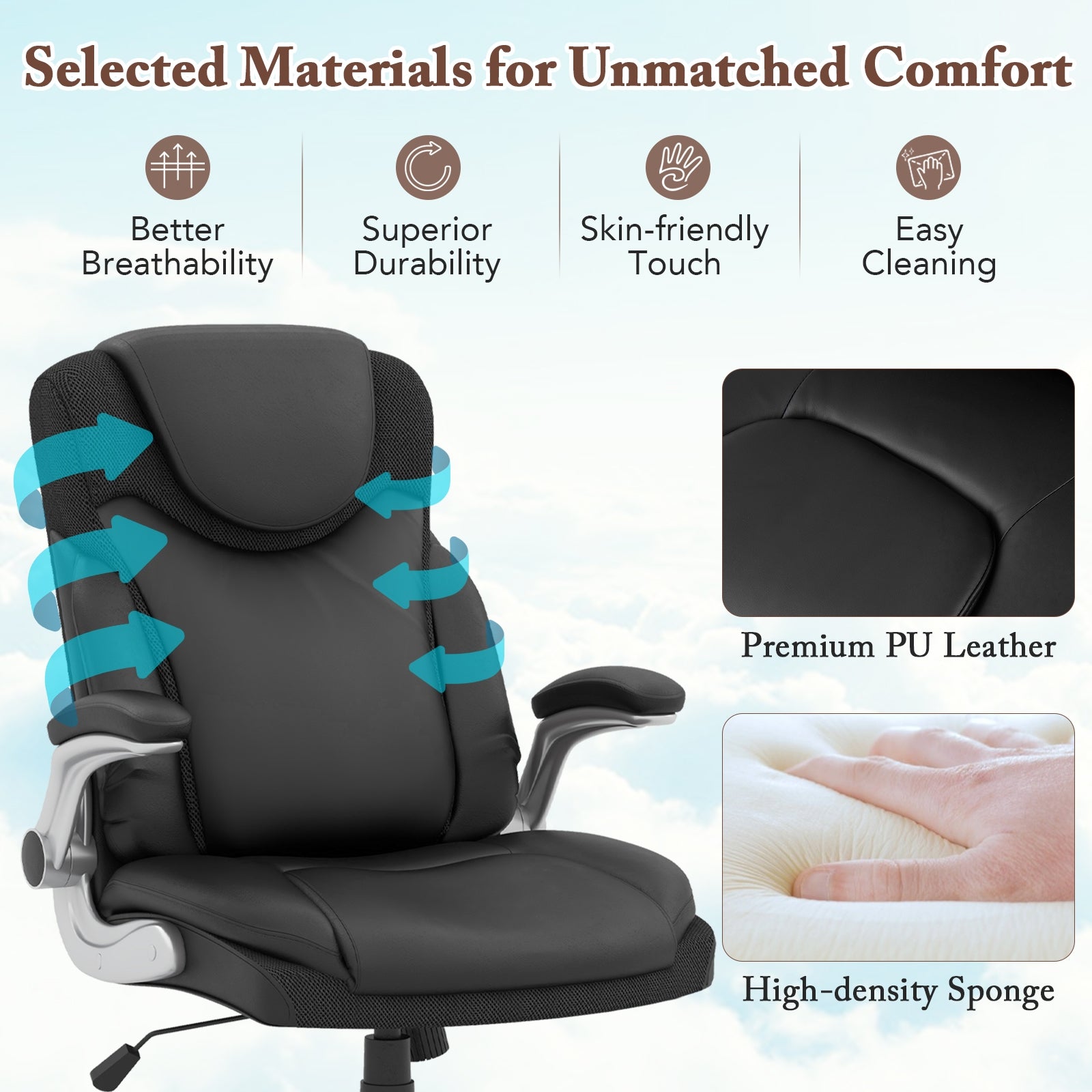 Ergonomic Office PU Leather Executive Chair with Flip-up Armrests and Rocking Function, Black Executive Chairs at Gallery Canada