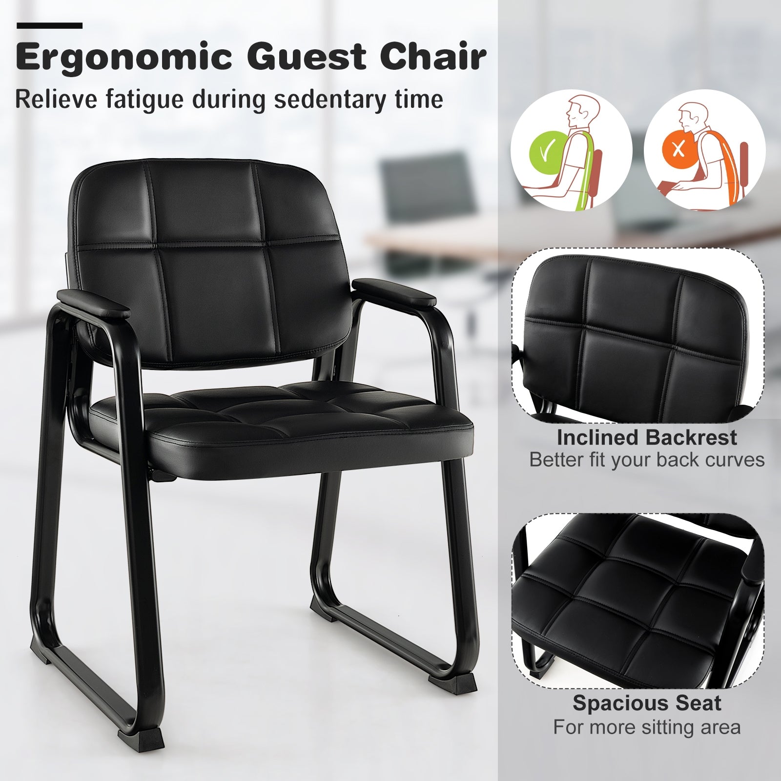 Set of 4 Upholstered Waiting Room Chair with Armrest and Ergonomic Backrest, Black Conference Chairs at Gallery Canada