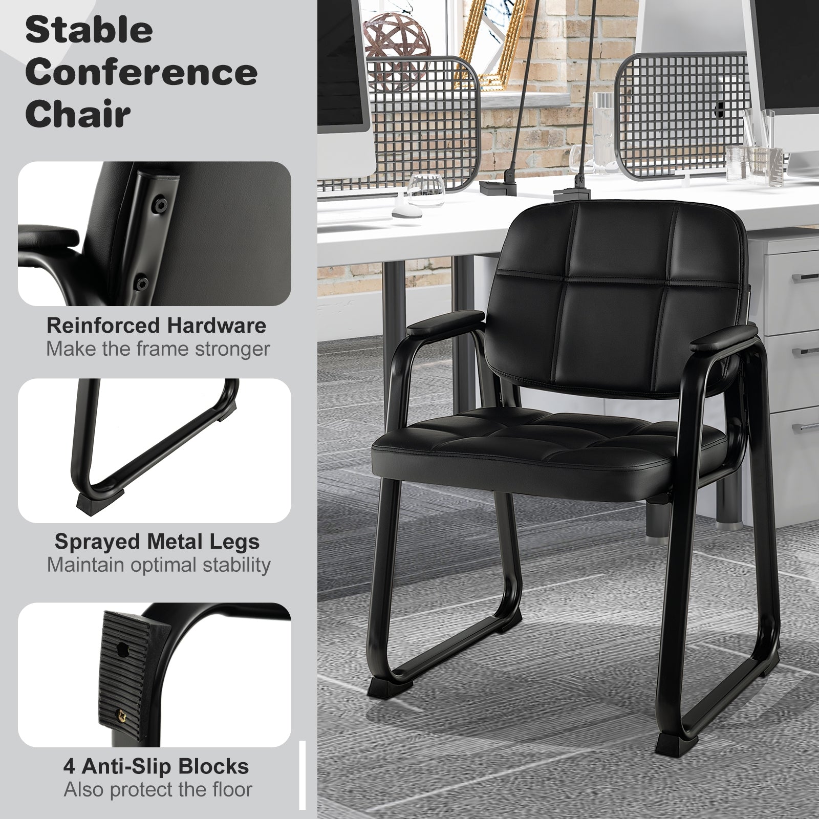Set of 4 Upholstered Waiting Room Chair with Armrest and Ergonomic Backrest, Black Conference Chairs at Gallery Canada