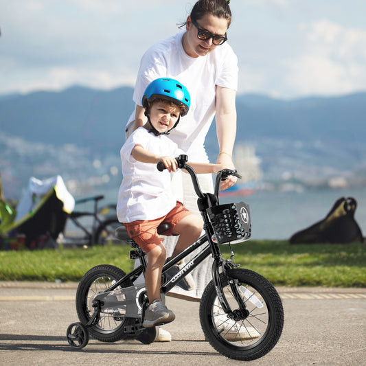 14 Inch Kids Bike with Basket and Training Wheels for Children Aged 4-5 Years Old, Black Kids Bike Black at Gallery Canada